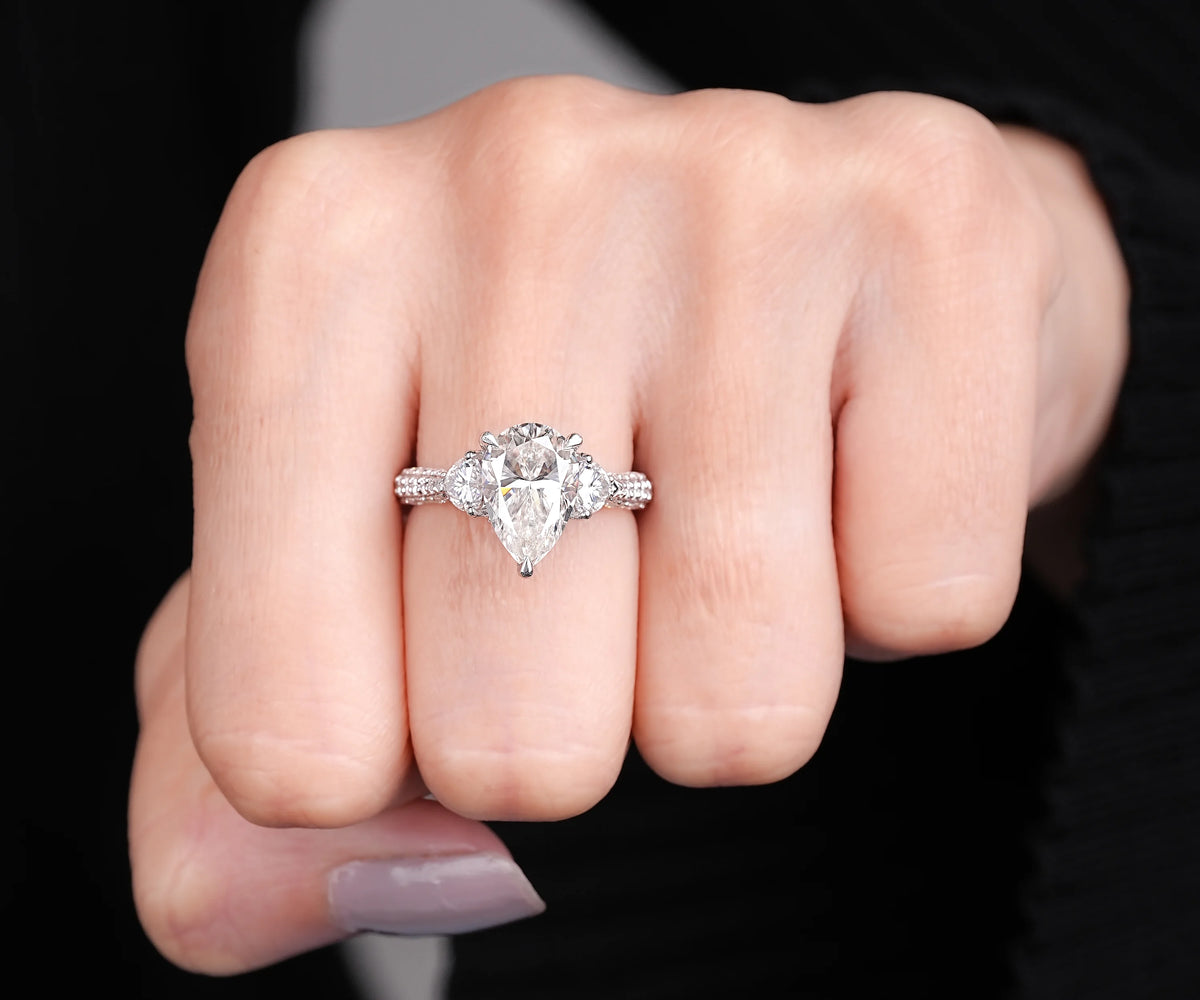 Hidden Halo Three Stone Pear Shape Lab Diamond Engagement Ring