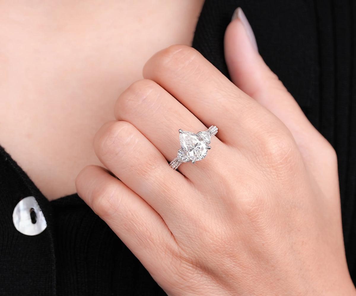 Hidden Halo Three Stone Pear Shape Lab Diamond Engagement Ring