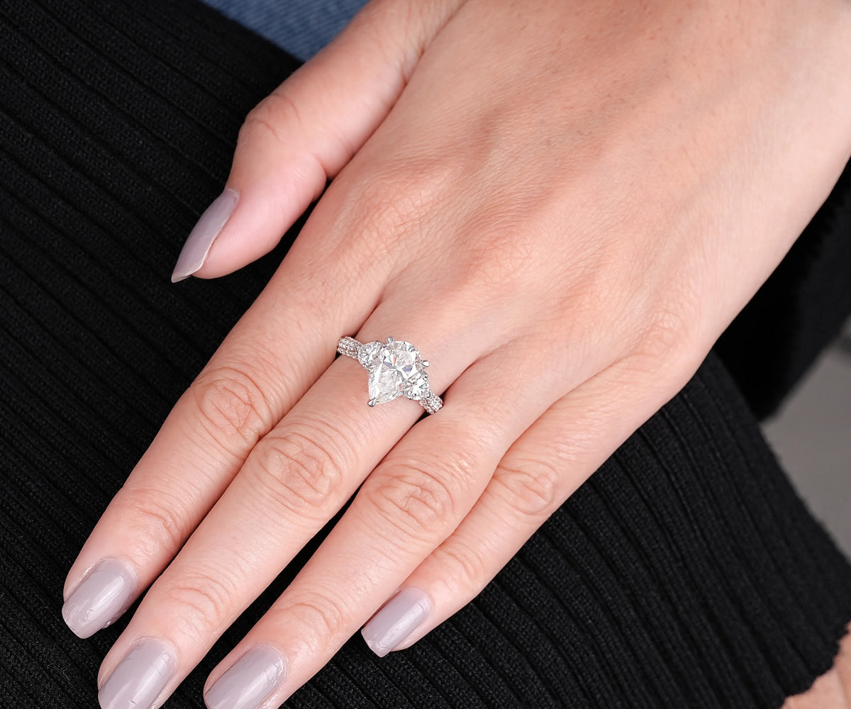 Hidden Halo Three Stone Pear Shape Lab Diamond Engagement Ring