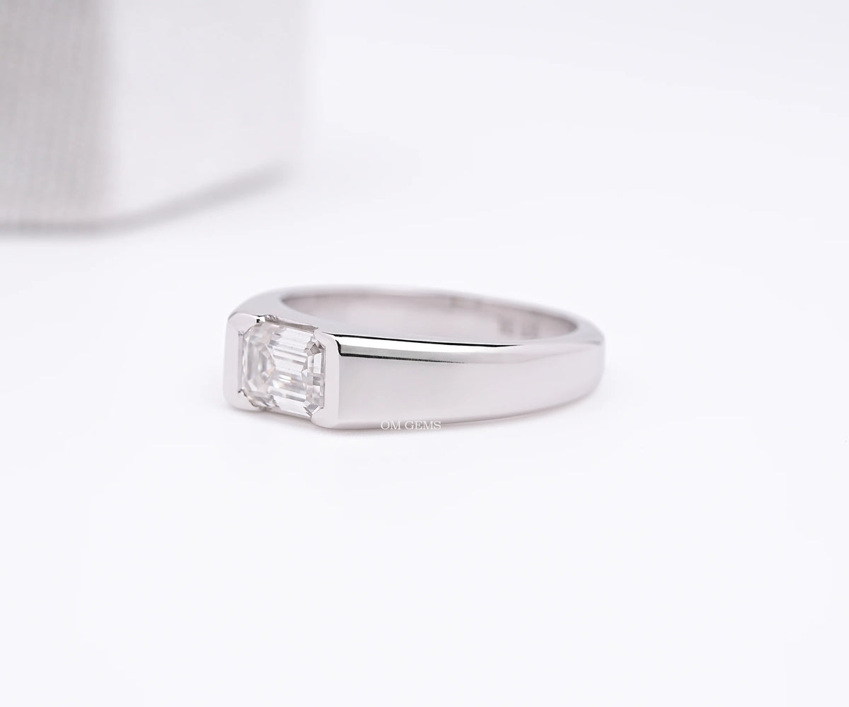 East-West Half Bezel Emerald Shape Lab Diamond Engagement Ring