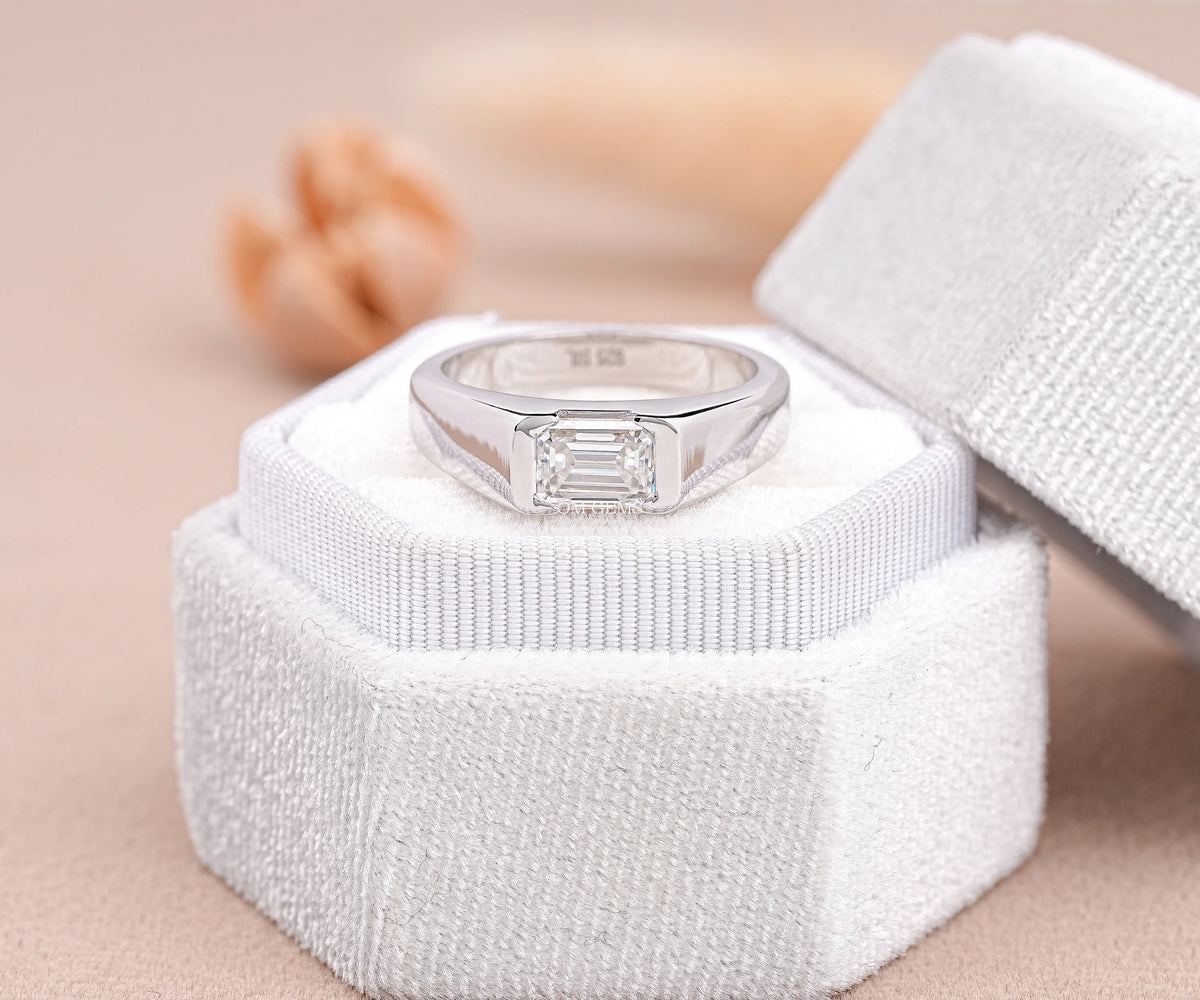 East-West Half Bezel Emerald Shape Lab Diamond Engagement Ring