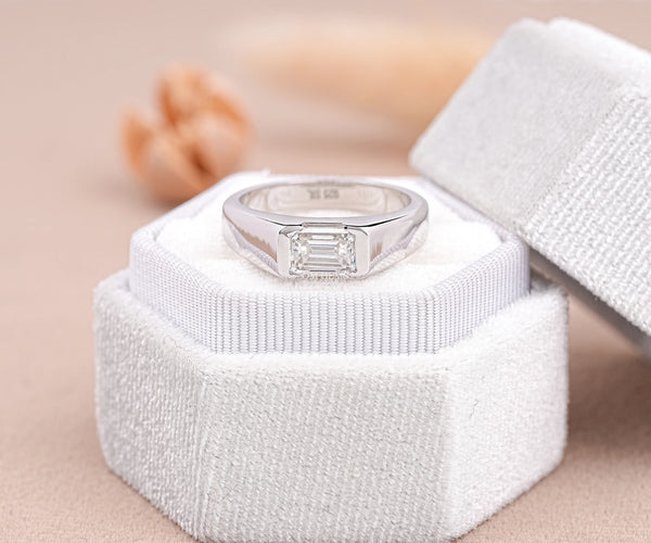 East-West Half Bezel Emerald Shape Lab Diamond Engagement Ring