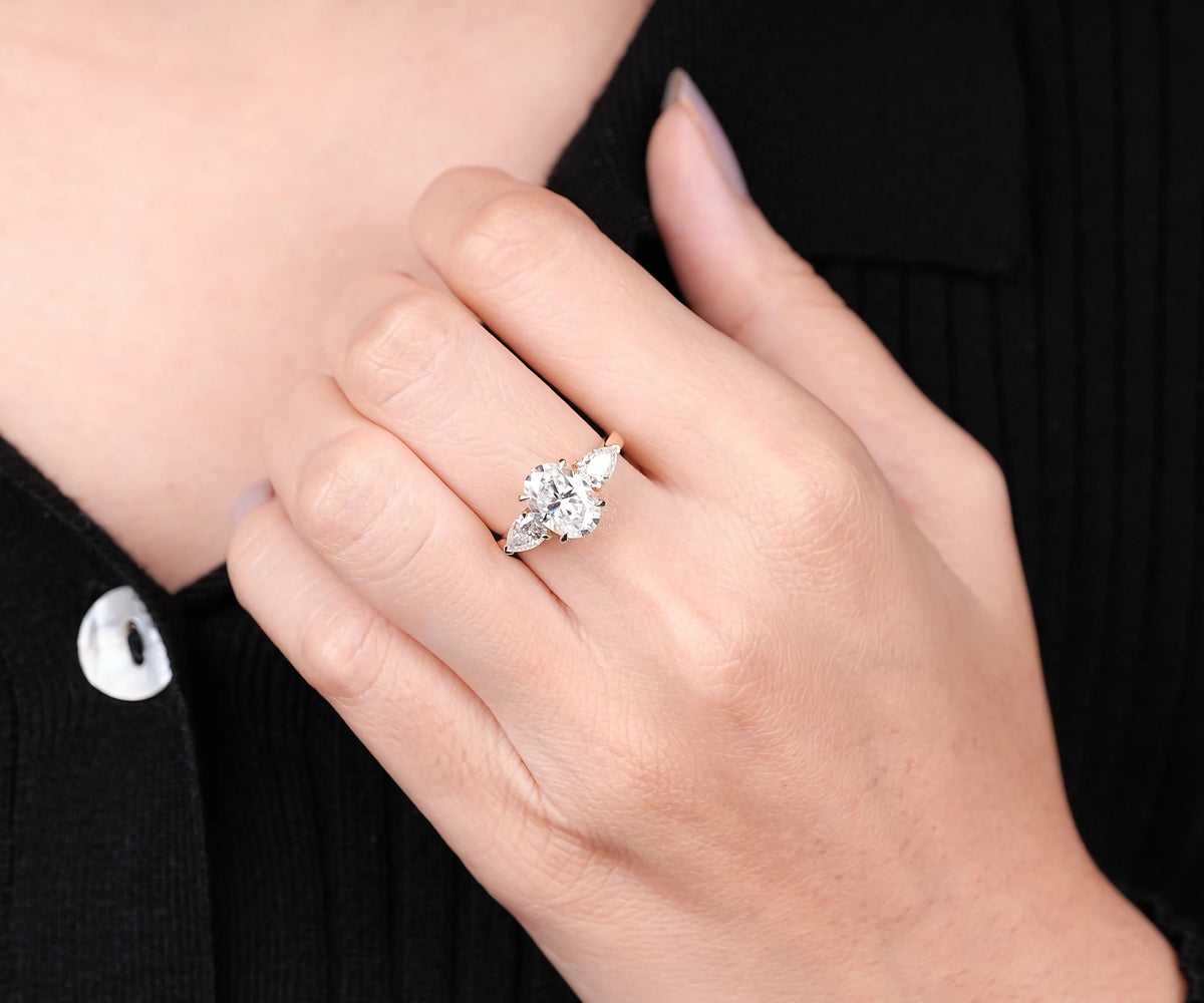 Oval & Pear Lab Grown Diamond Three Stone Engagement Ring