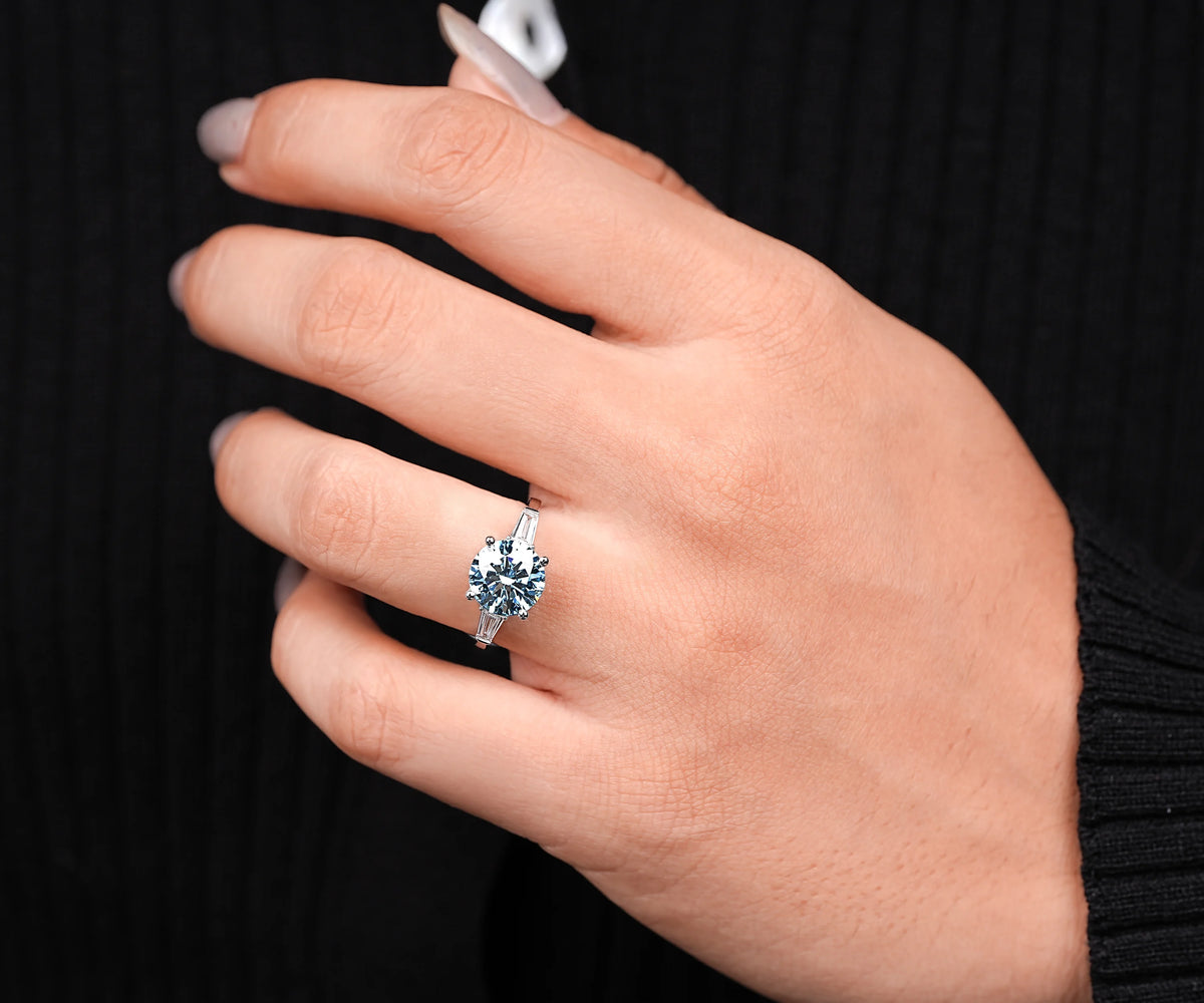 Three Stone Fancy Blue Round Shape Lab Diamond Engagement Ring