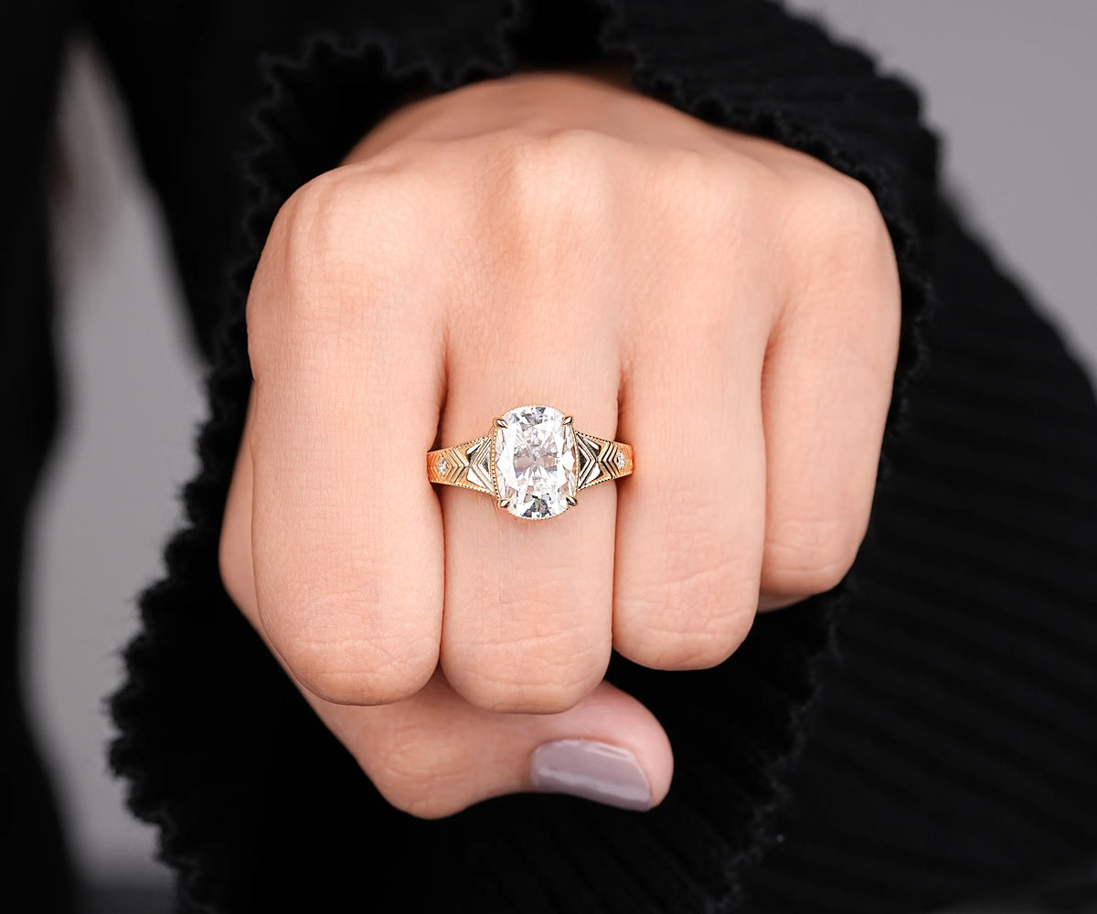 Art Deco Milgrain Elongated Cushion Shape Lab Diamond Engagement Ring