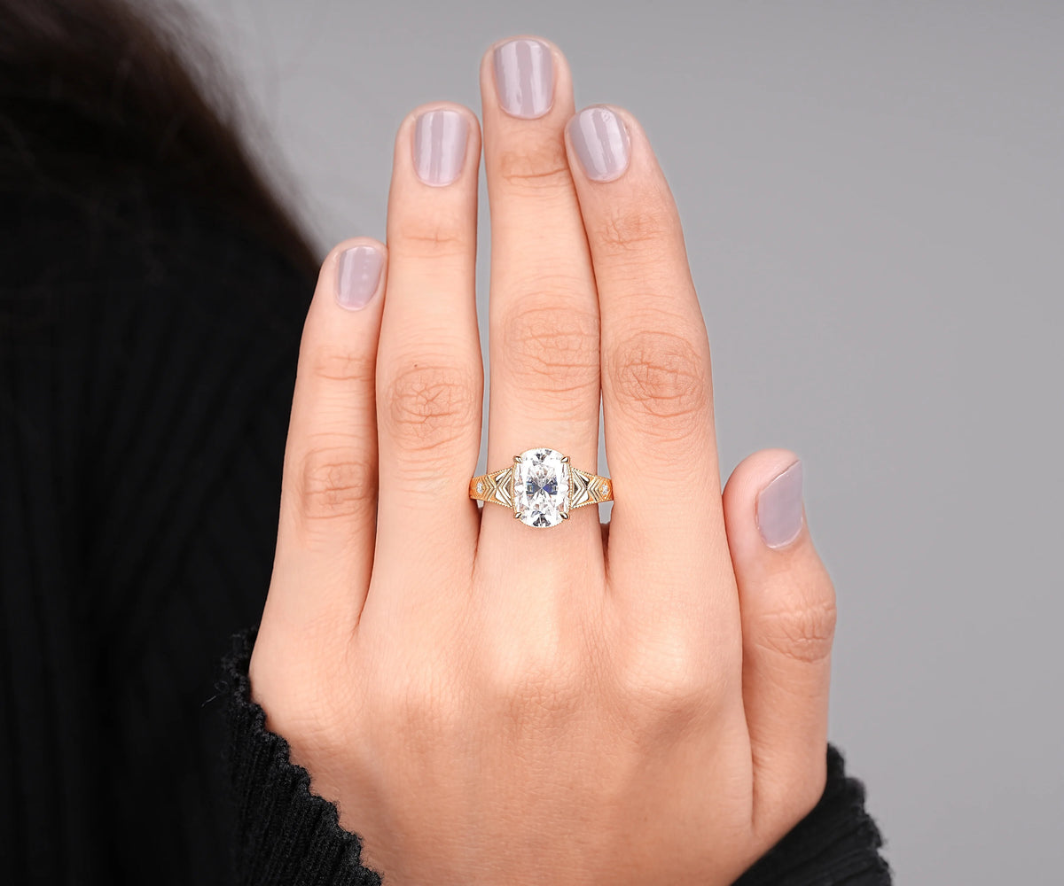 Art Deco Milgrain Elongated Cushion Shape Lab Diamond Engagement Ring