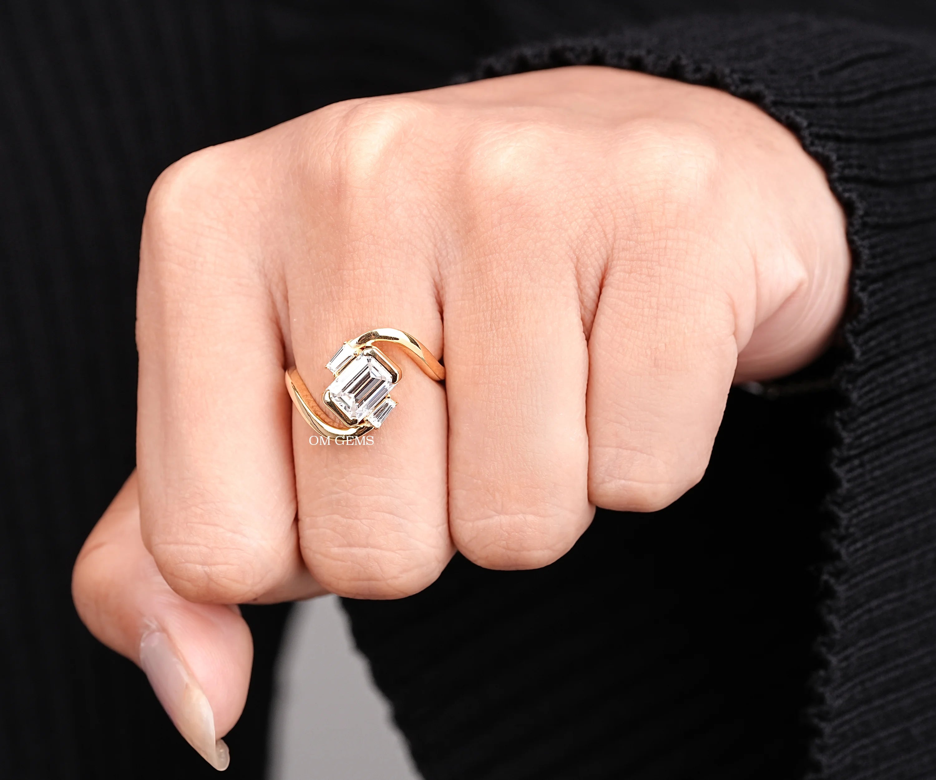 East West Emerald Lab Diamond Three Stone Curved Ring