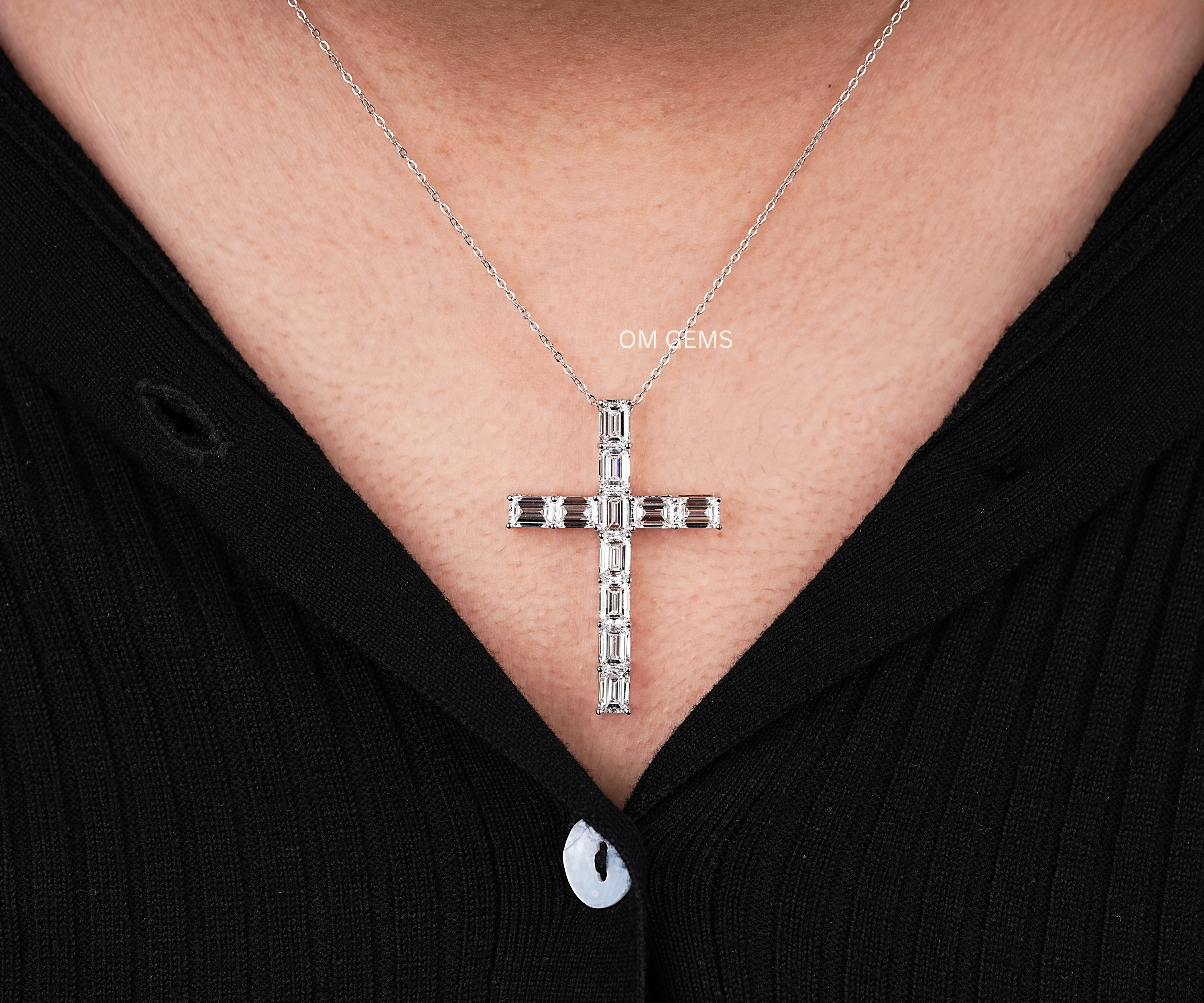 Lab Grown Emerald Cut Diamond Cross Necklace