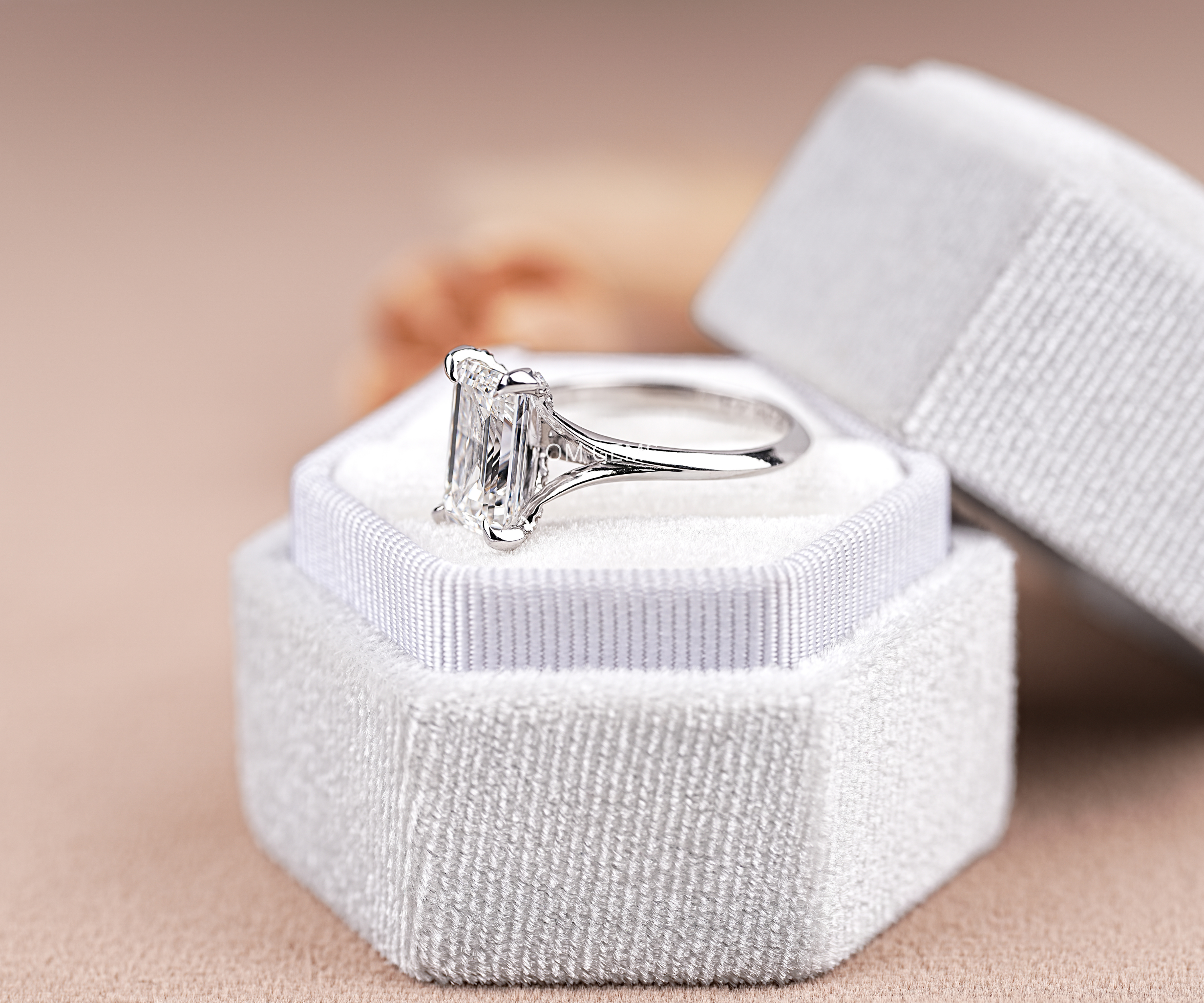 14k White Gold Emerald Cut Lab Grown Diamond Hidden Halo Engagement Ring