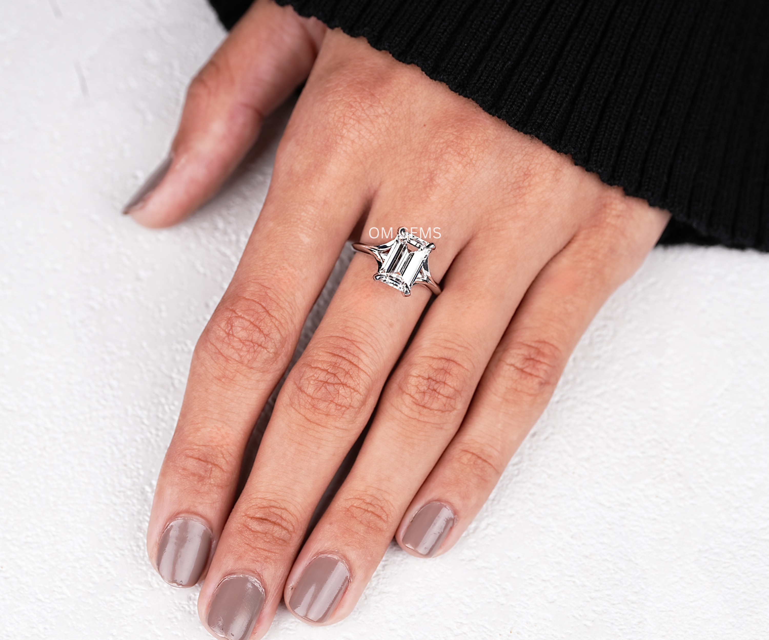 Lab Grown Emerald Cut Diamond Hidden Halo Engagement Ring In White Gold