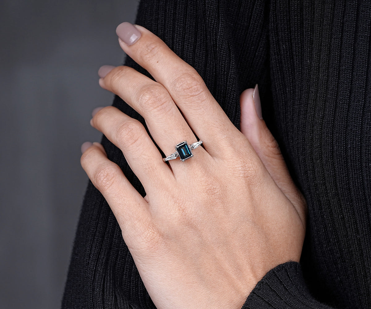 Three Stone Fancy Blue Emerald Shape Lab Diamond Engagement Ring