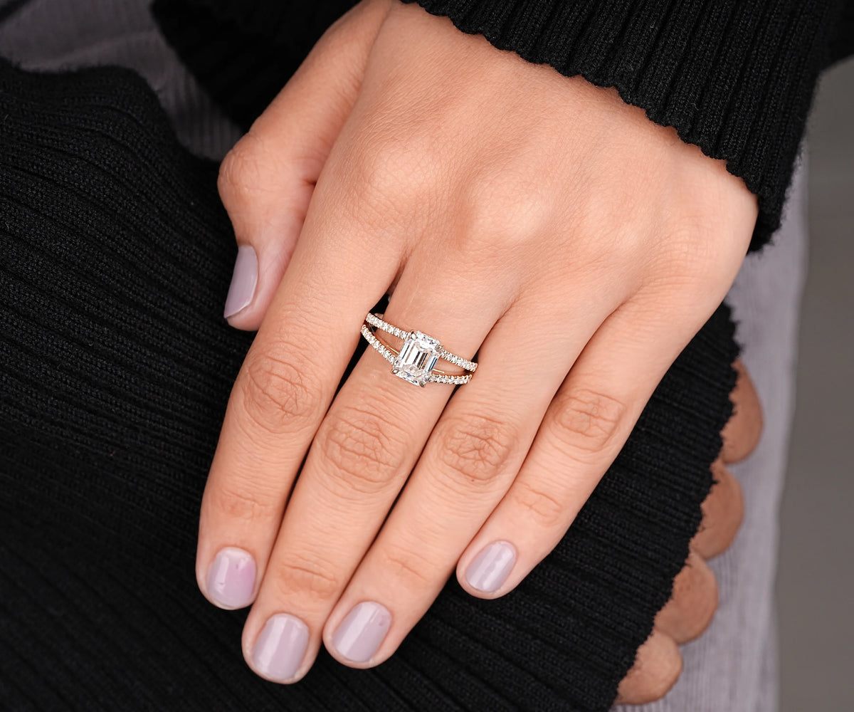 Hidden Halo Split Shank Emerald Shape Lab Diamond Engagement Ring