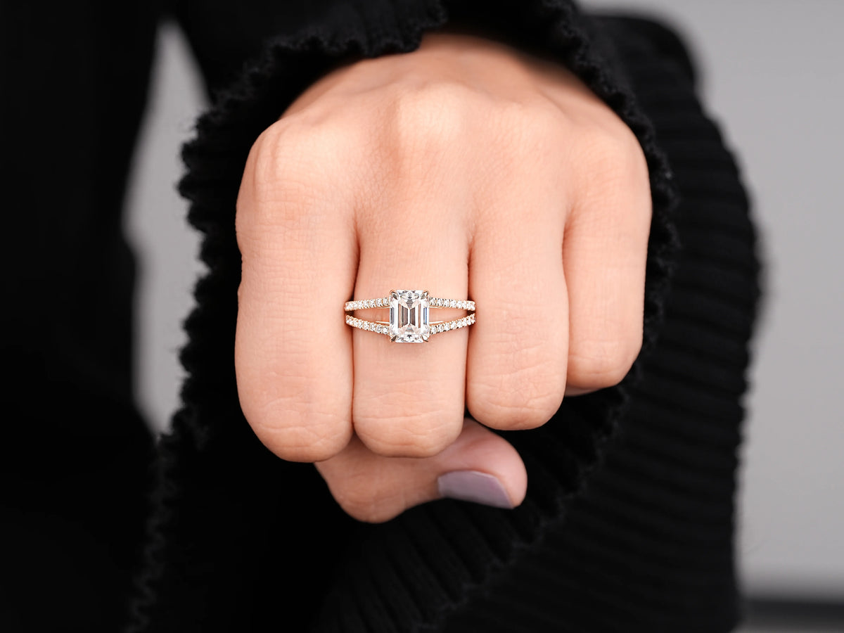 Hidden Halo Split Shank Emerald Shape Lab Diamond Engagement Ring