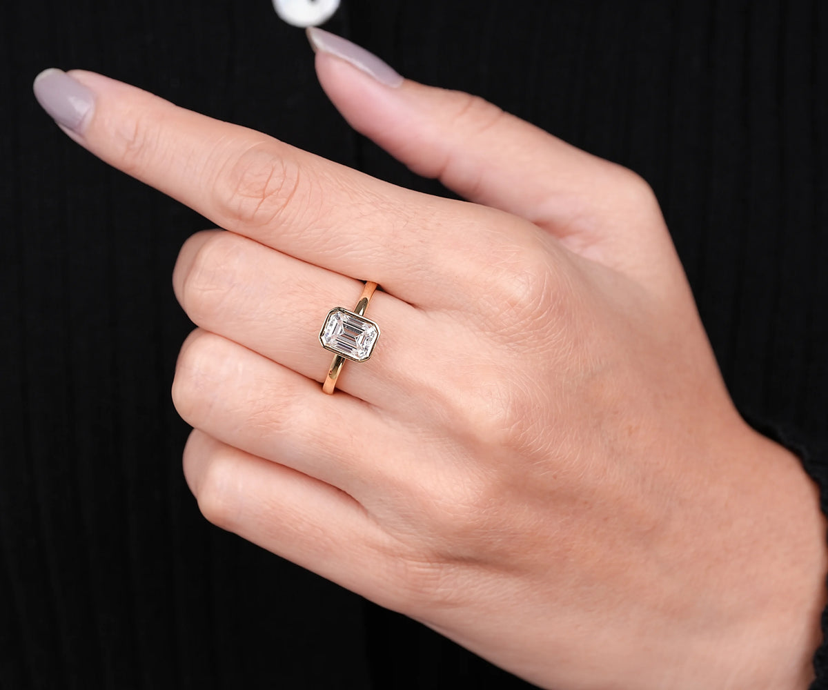 Solitaire Bezel Emerald Shape Lab Diamond Engagement Ring