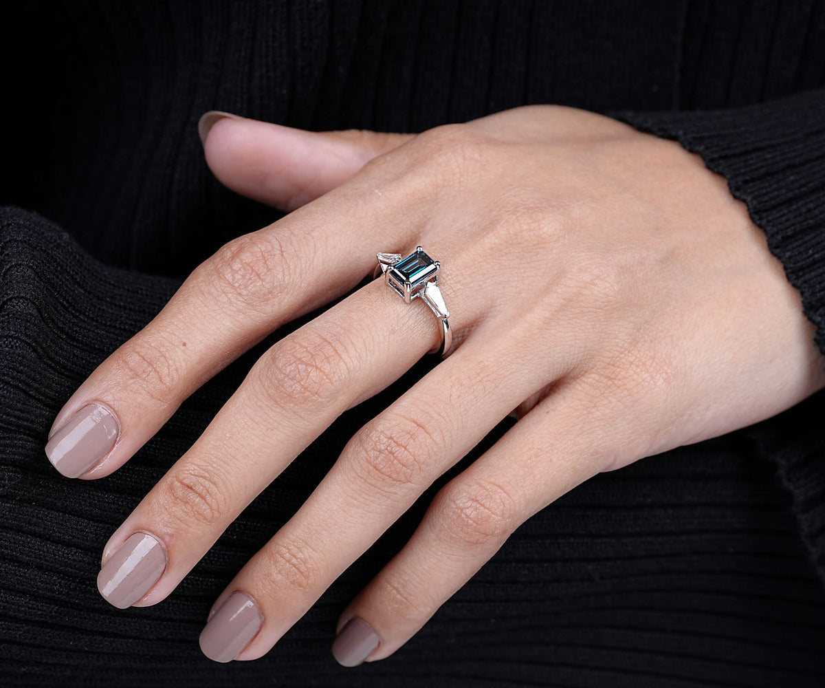 Three Stone Fancy Blue Emerald Shape Lab Diamond Engagement Ring