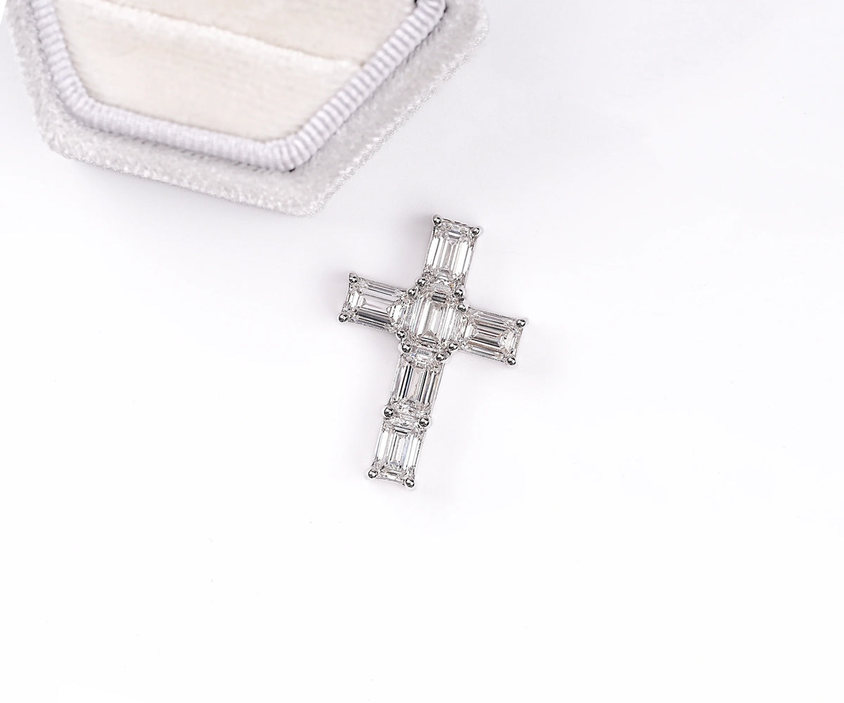 Cross Shape Emerald Cut Lab Grown Diamond Gift for Her Pendant