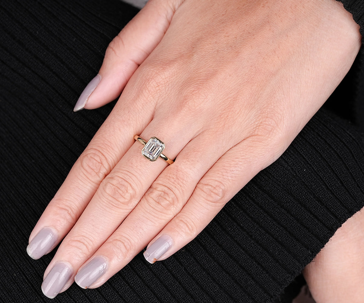 Solitaire Bezel Emerald Shape Lab Diamond Engagement Ring