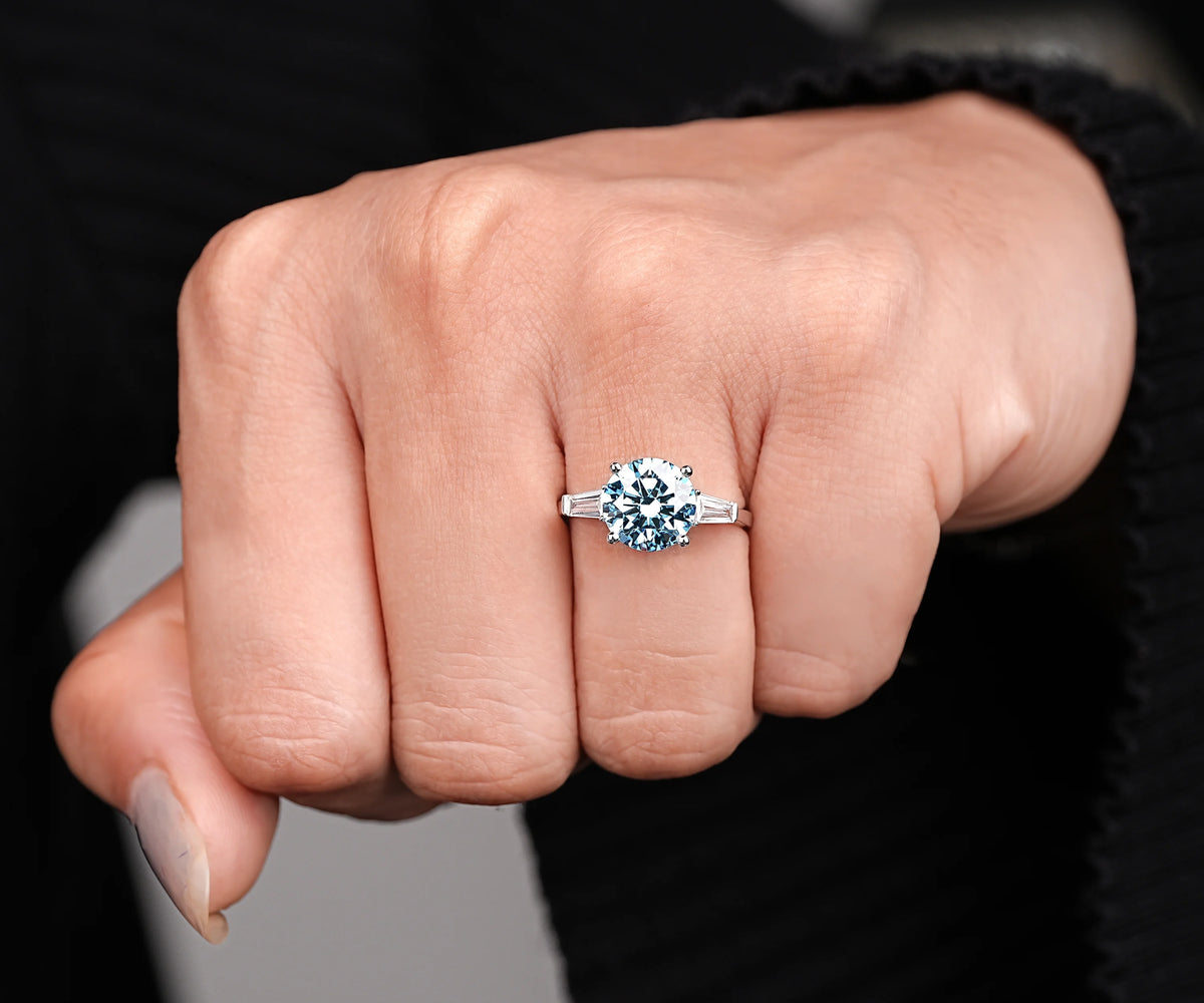 Three Stone Fancy Blue Round Shape Lab Diamond Engagement Ring