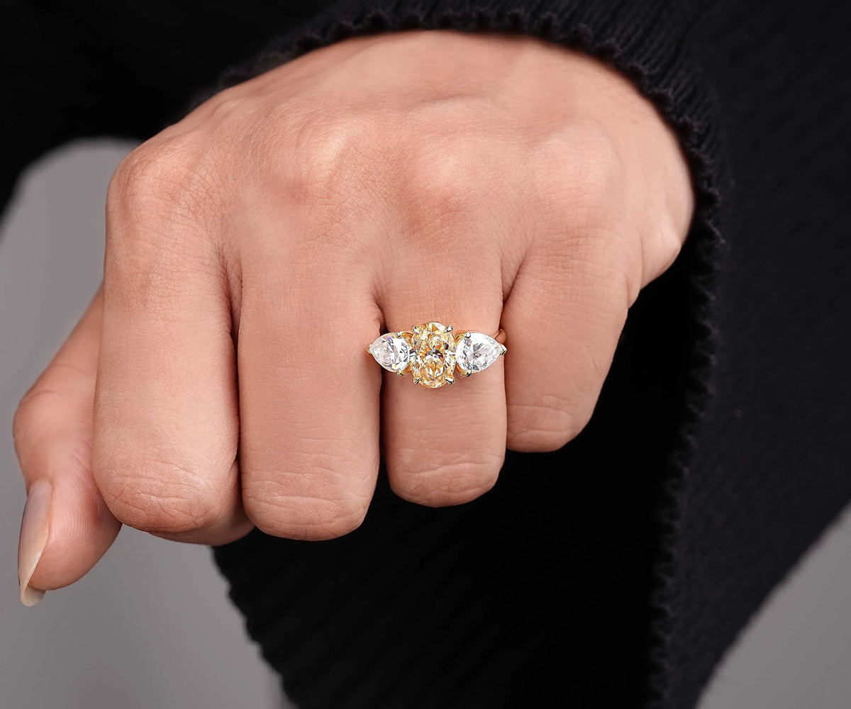 Three Stone Fancy Yellow Oval Lab Grown Diamond Engagement Ring