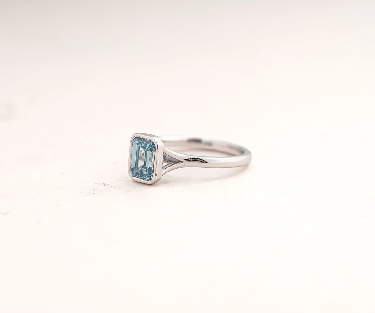 Solitaire Bezel Split Shank Fancy Blue Emerald Lab Diamond Engagement Ring
