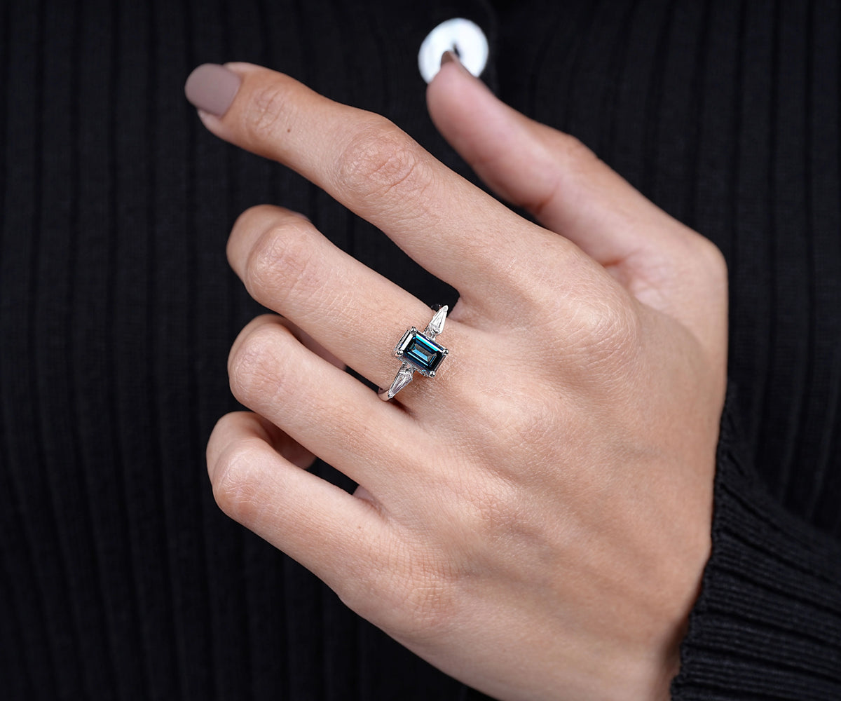 Three Stone Fancy Blue Emerald Shape Lab Diamond Engagement Ring