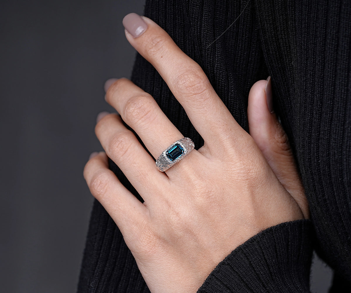 Chunky Dome Bezel Fancy Blue Emerald Shape Lab Diamond Anniversary Ring