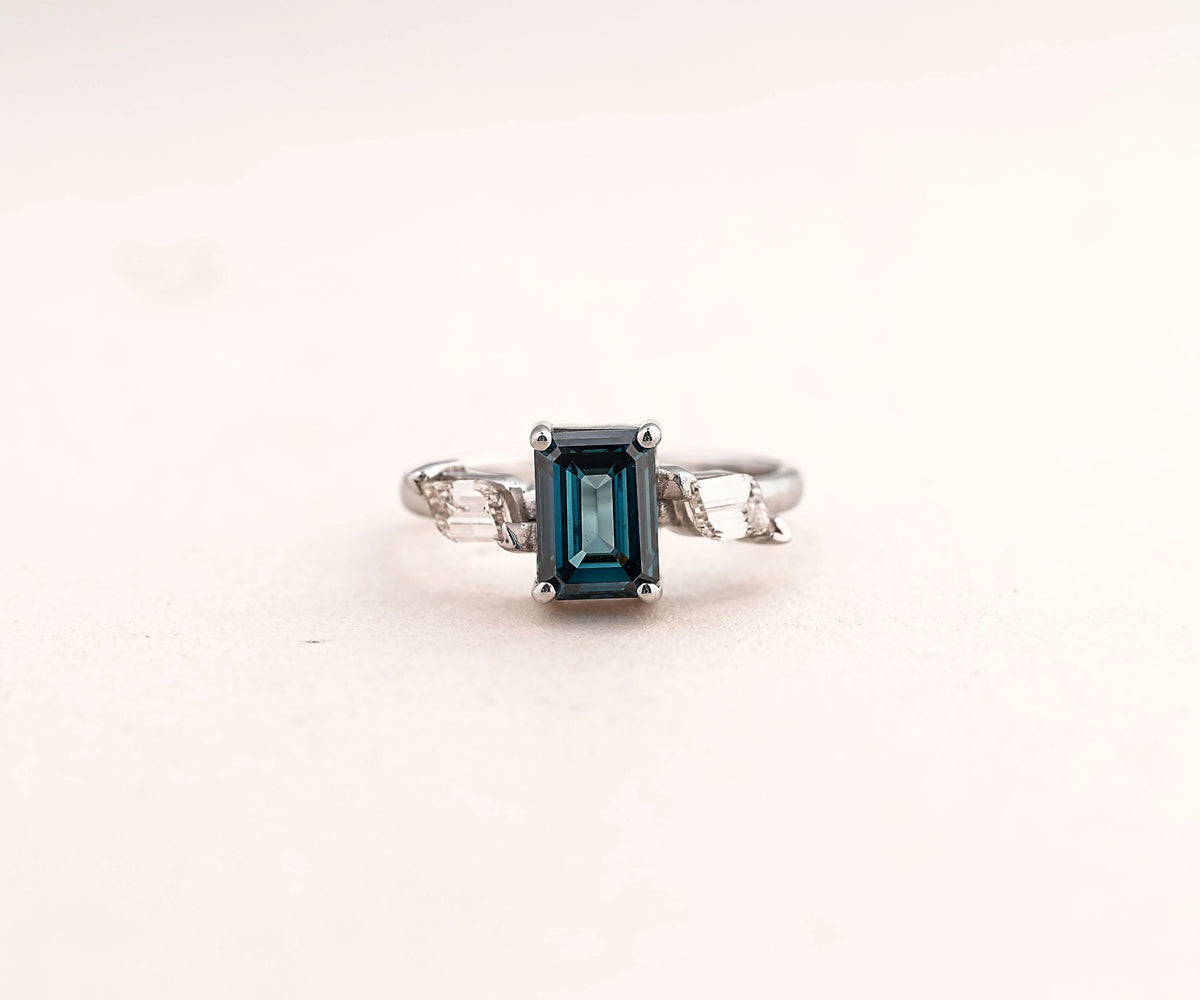 Three Stone Fancy Blue Emerald Shape Lab Diamond Engagement Ring