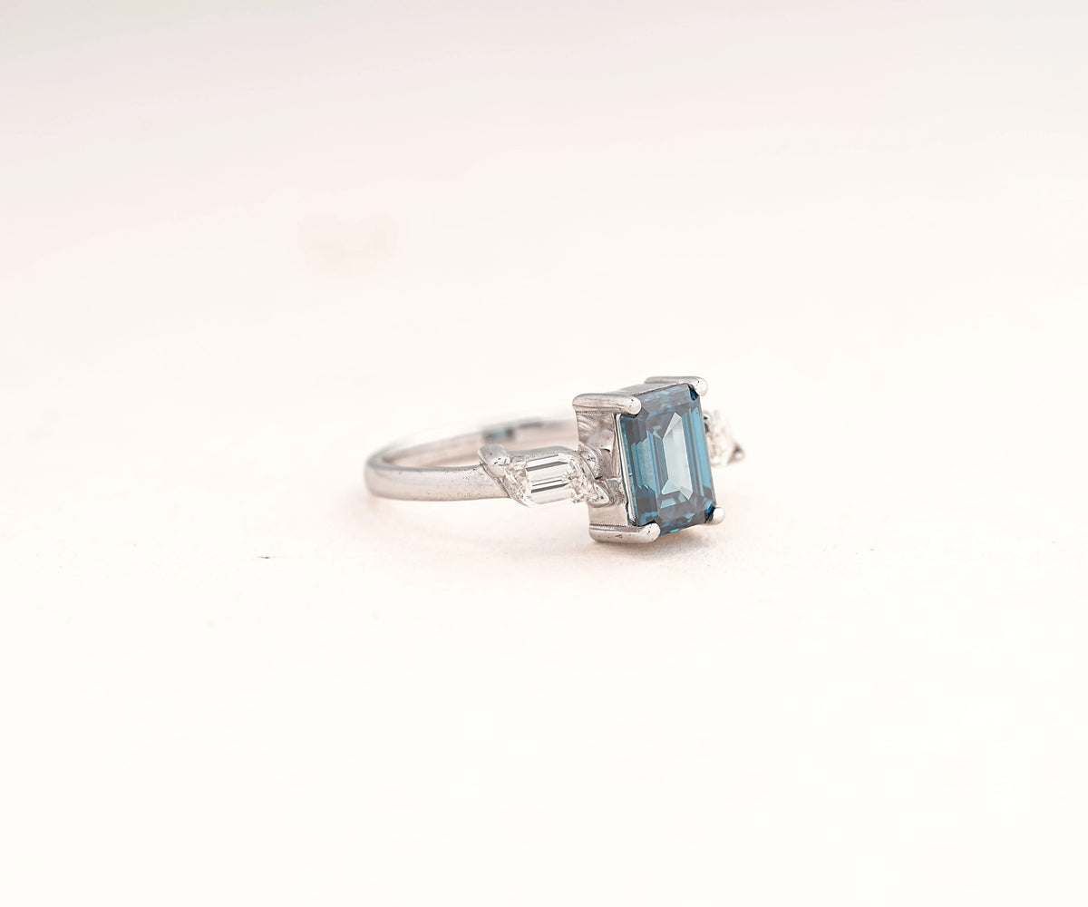 Three Stone Fancy Blue Emerald Shape Lab Diamond Engagement Ring