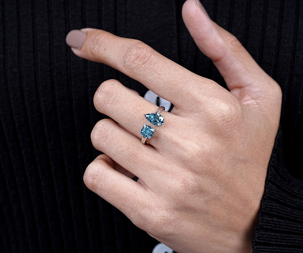 Toi Et Moi Fancy Blue Pear and Cushion Shape Lab Diamond Engagement Ring