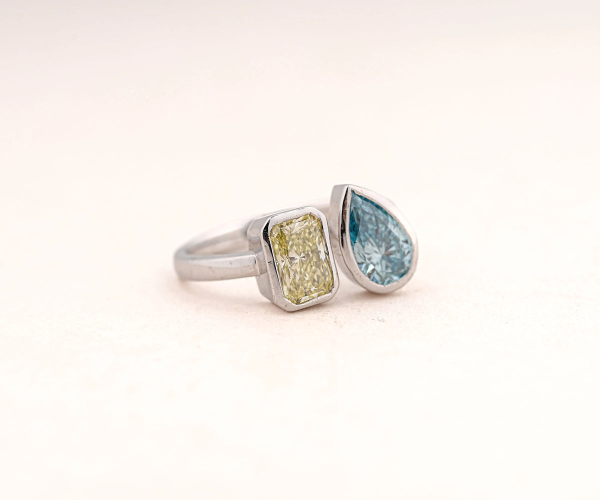 Toi Et Moi Fancy Blue Pear and Yellow Radiant Shape Lab Diamond Engagement Ring