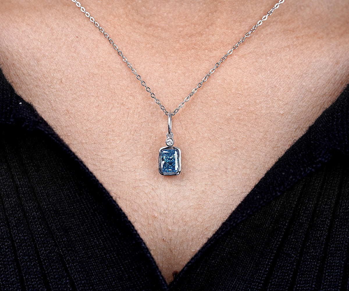 Bezel Set Fancy Blue Radiant Lab Grown Diamond Birthday Gift Pendant