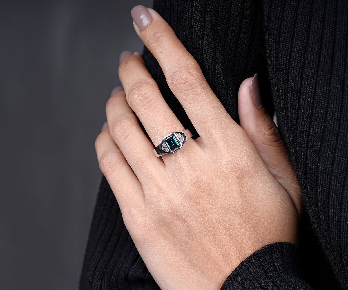 Three Stone Chunky Fancy Blue Emerald Shape Lab Diamond Anniversary Ring