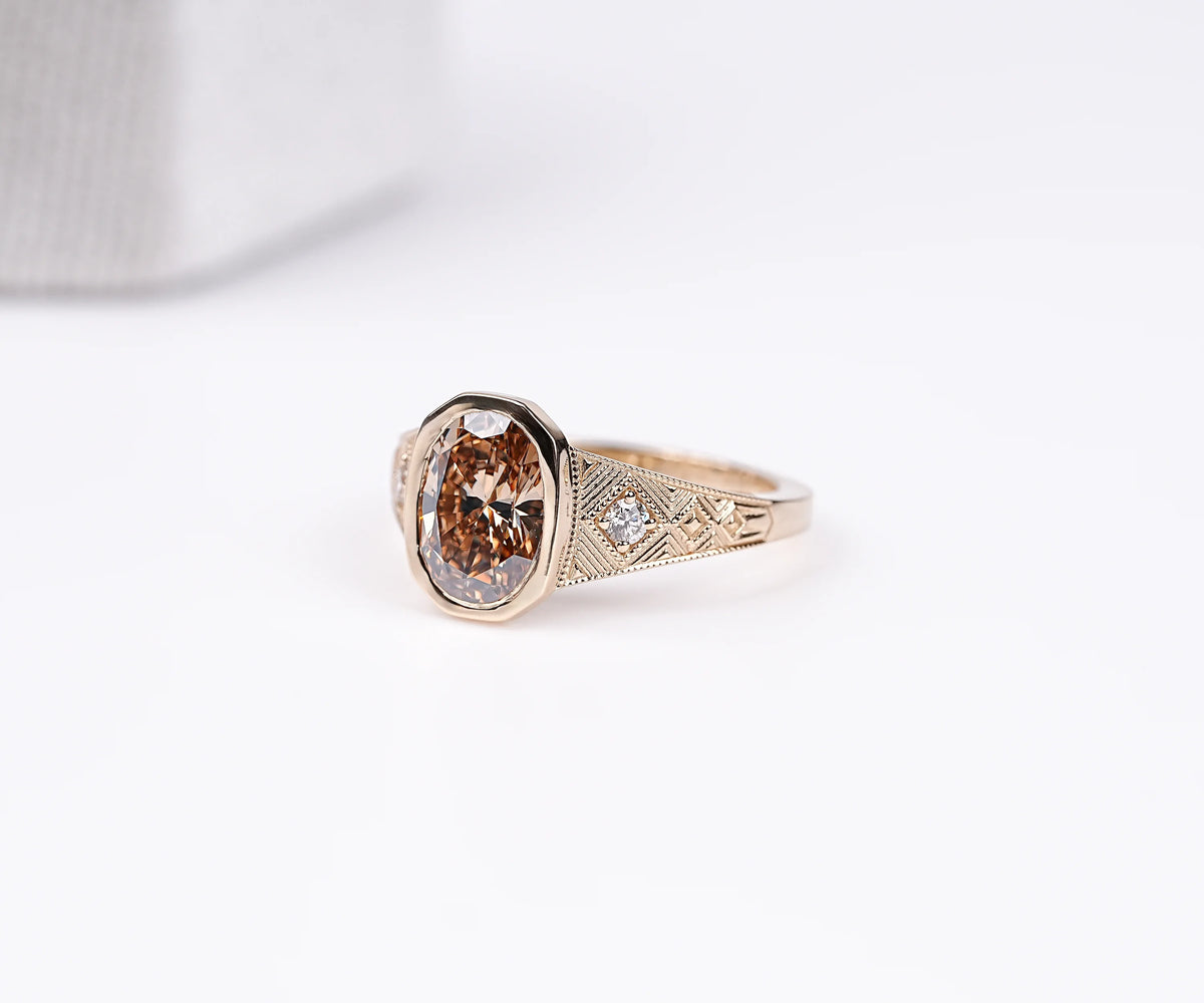 Art Deco Vintage Engraved Bezel Fancy Brown Oval Cut Lab Diamond Engagement Ring