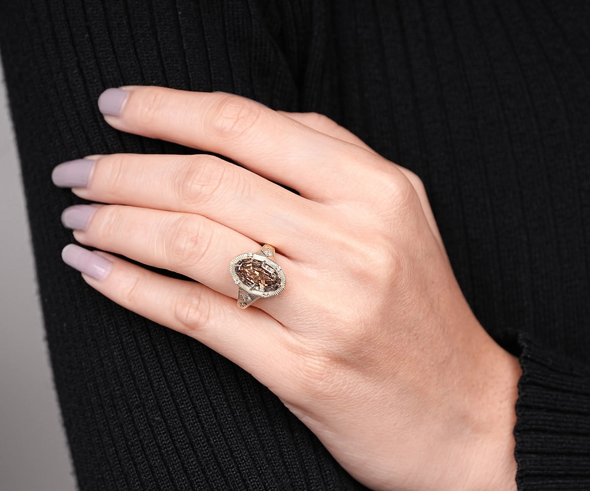 Art Deco Milgrain Fancy Brown Oval Shape Lab Diamond Engagement Ring