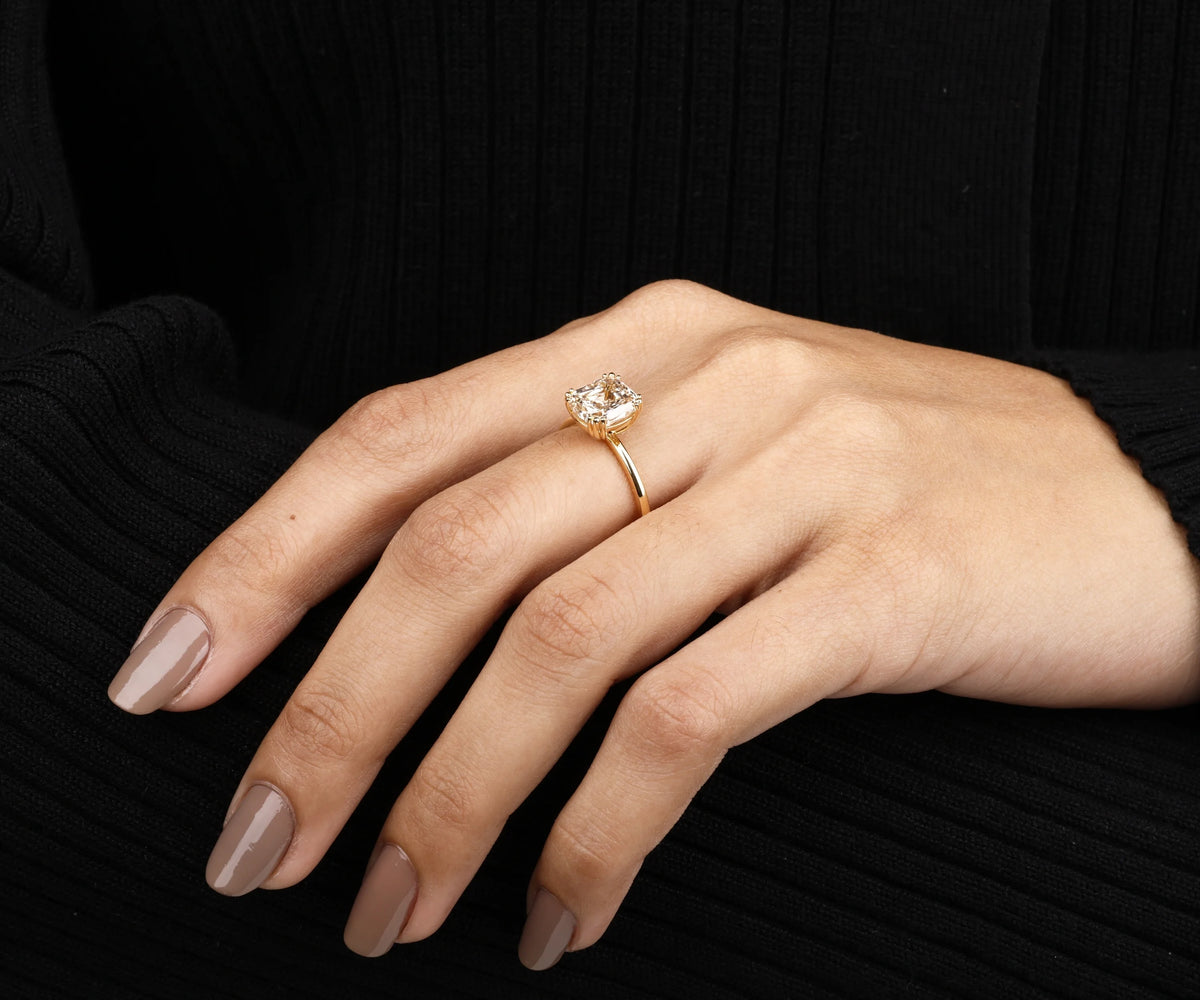 Solitaire Three Prong Fancy Champagne Cushion Shape Lab Diamond Engagement Ring