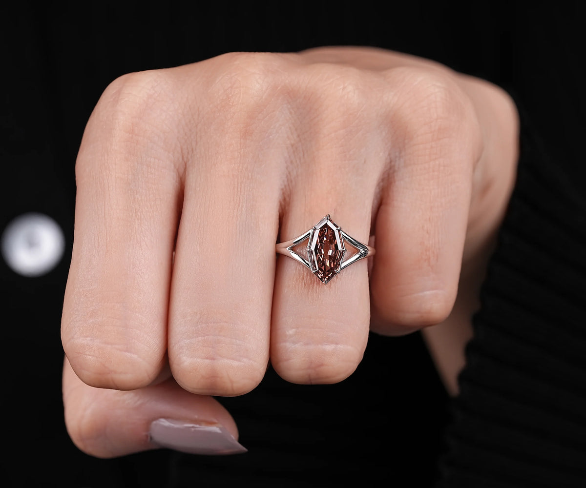 Solitaire Split Shank Fancy Champagne Marquise Shape Lab Diamond Engagement Ring