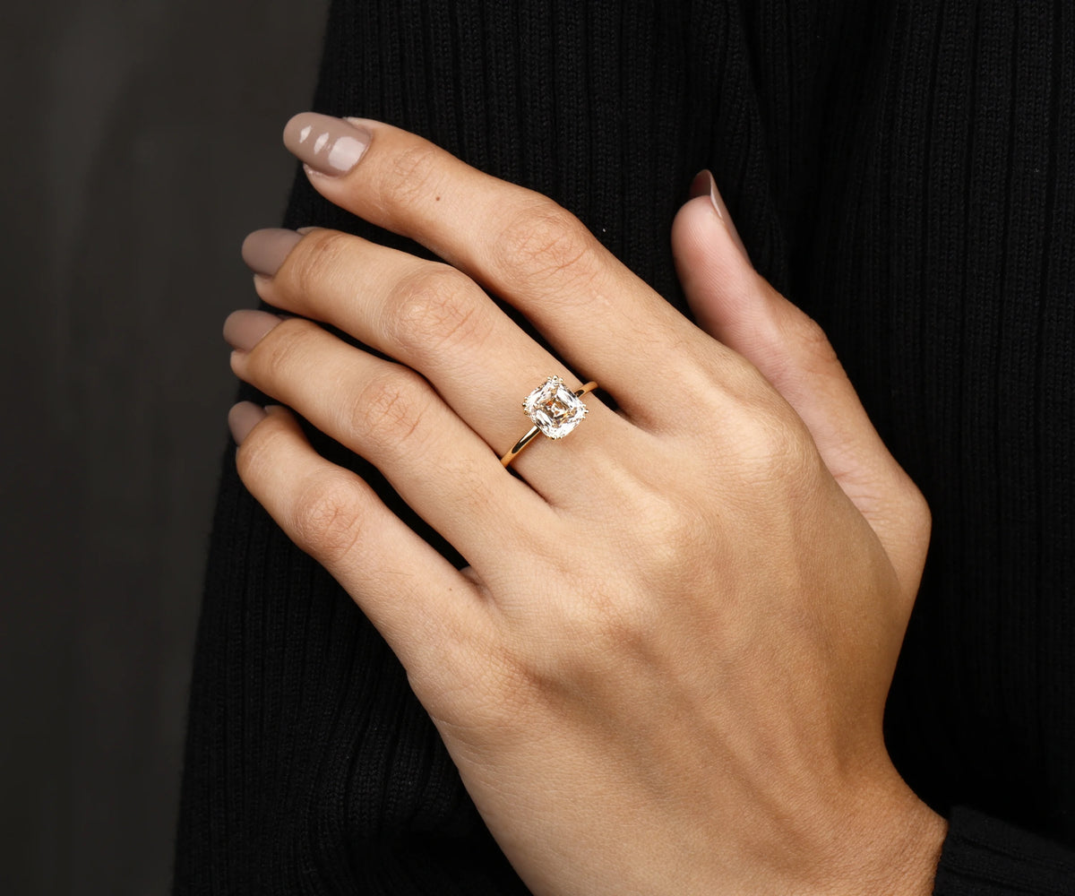 Solitaire Three Prong Fancy Champagne Cushion Shape Lab Diamond Engagement Ring
