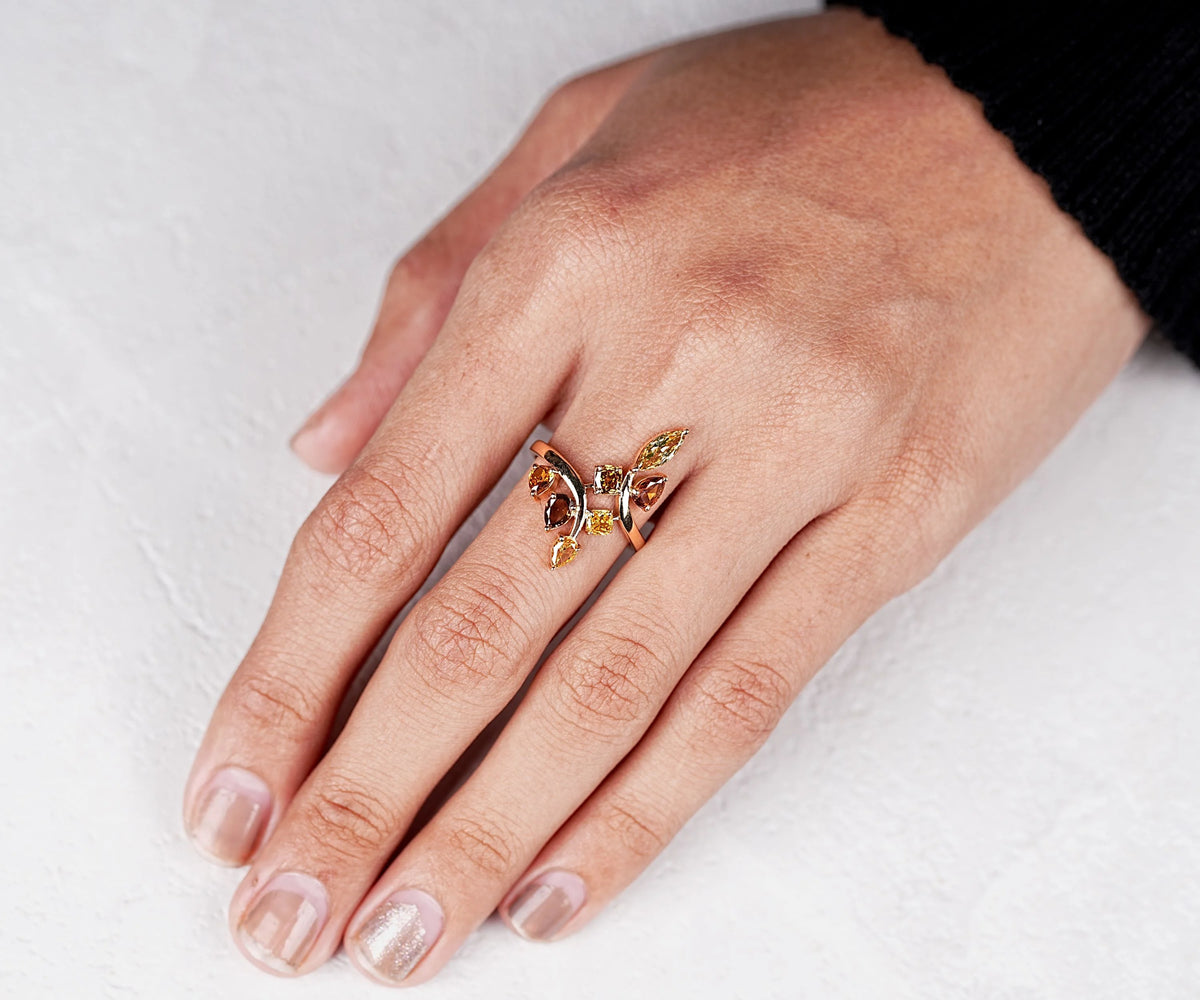 Floral Cluster Marquise Pear and Cushion Fancy Color Natural Diamond Anniversary Ring