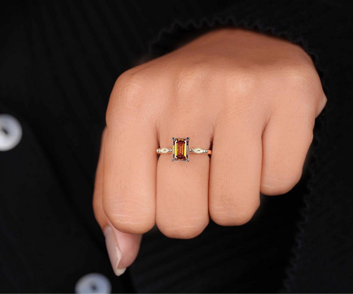 Art Deco Fancy Orange Emerald Shape Lab Diamond Anniversary Ring