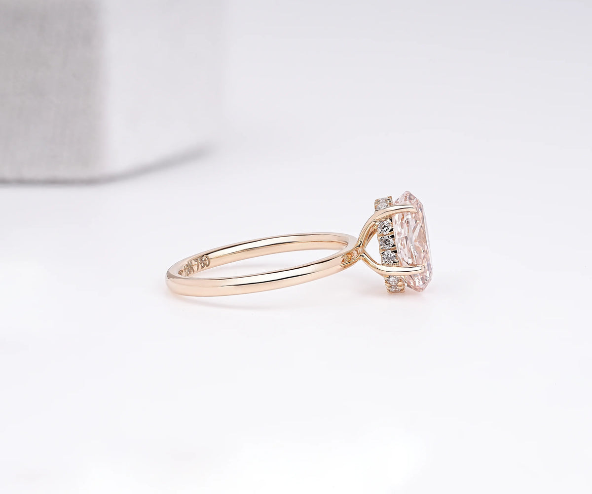 Solitaire Hidden Halo Tilted Fancy Pink Oval Shape Lab Diamond Engagement Ring