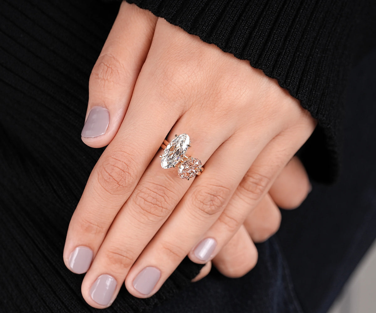 Toi Et Moi Hidden Halo Fancy Pink Oval and White Moval Lab Diamond Engagement Ring