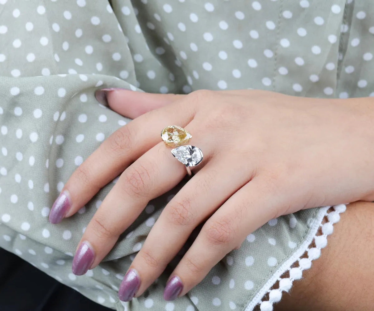 Toi Et Moi Fancy Yellow and White Pear Shape Lab Diamond Engagement Ring
