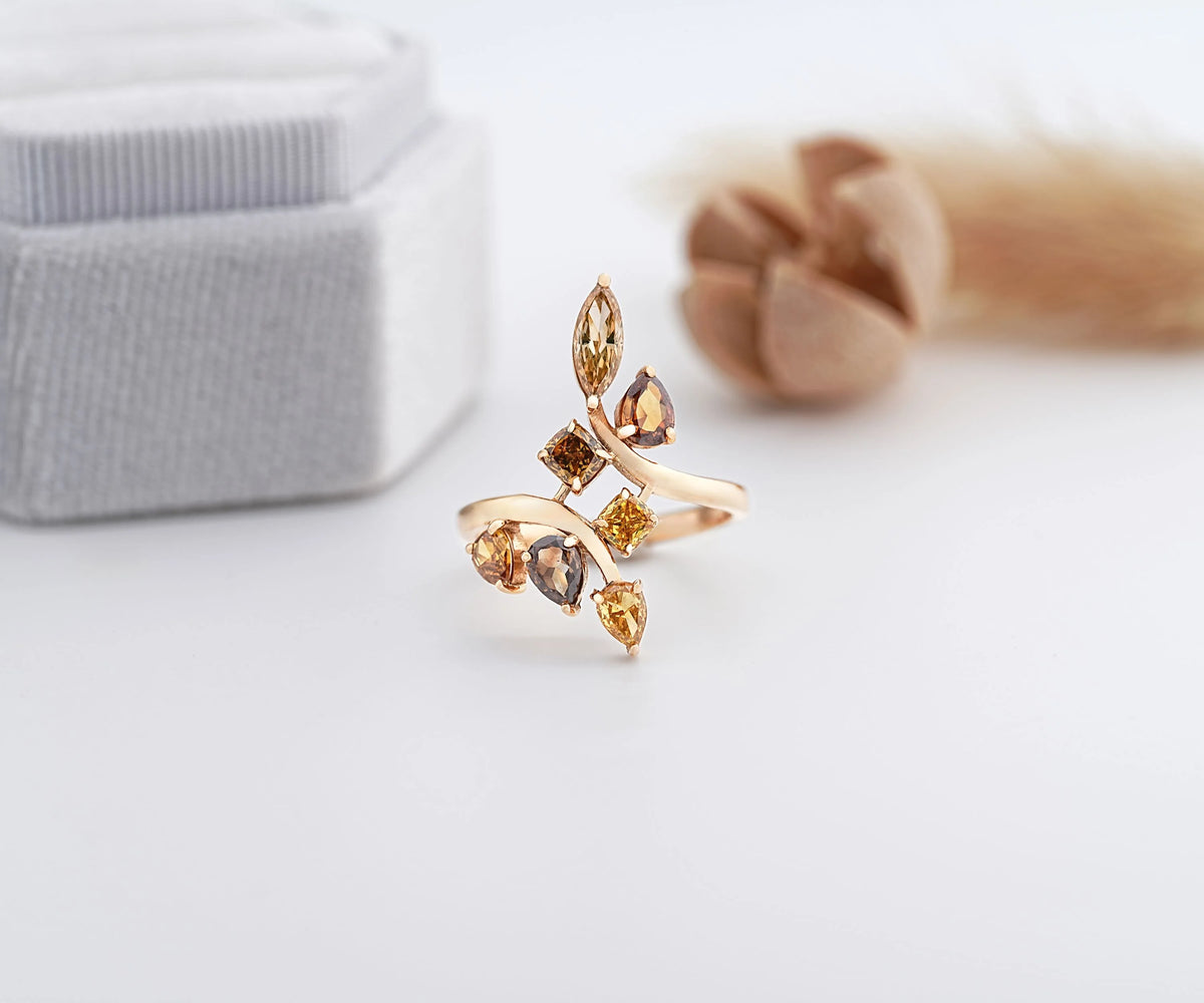 Floral Cluster Marquise Pear and Cushion Fancy Color Natural Diamond Anniversary Ring