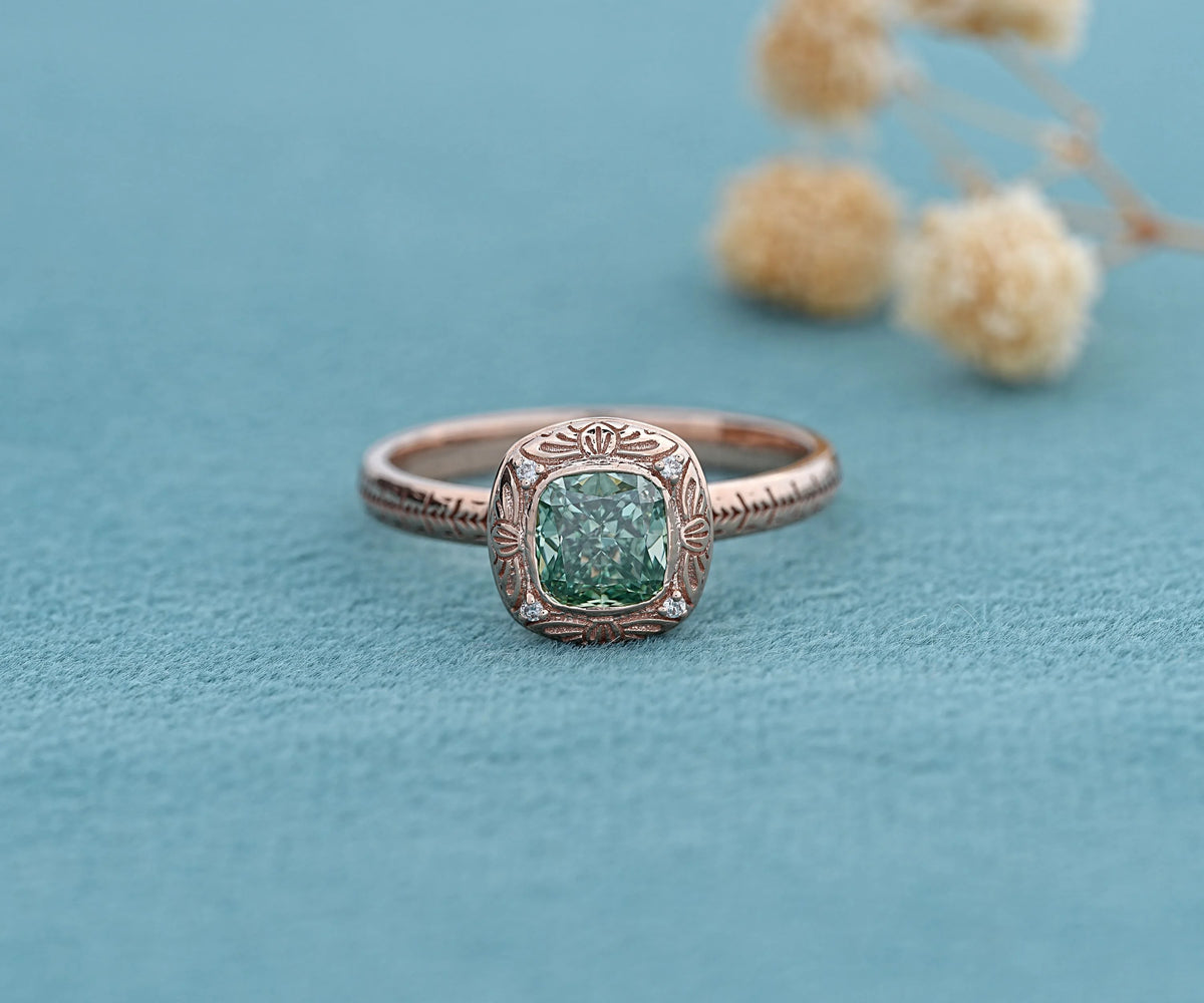 Vintage Floral Bezel Fancy Green Cushion Shape Lab Diamond Anniversary Ring