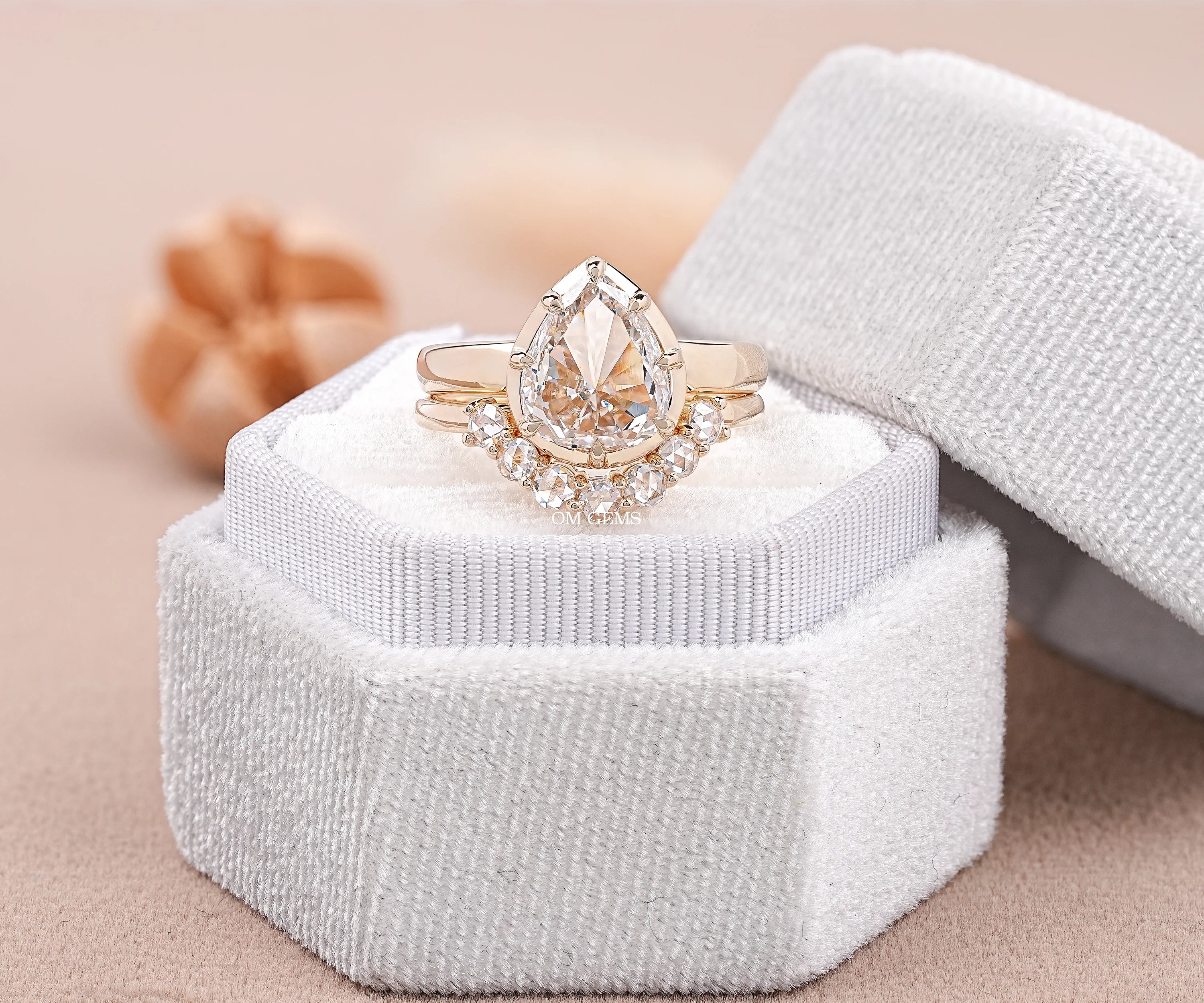 Georgian Cut Pear Champagne Diamond Bridal Ring Set