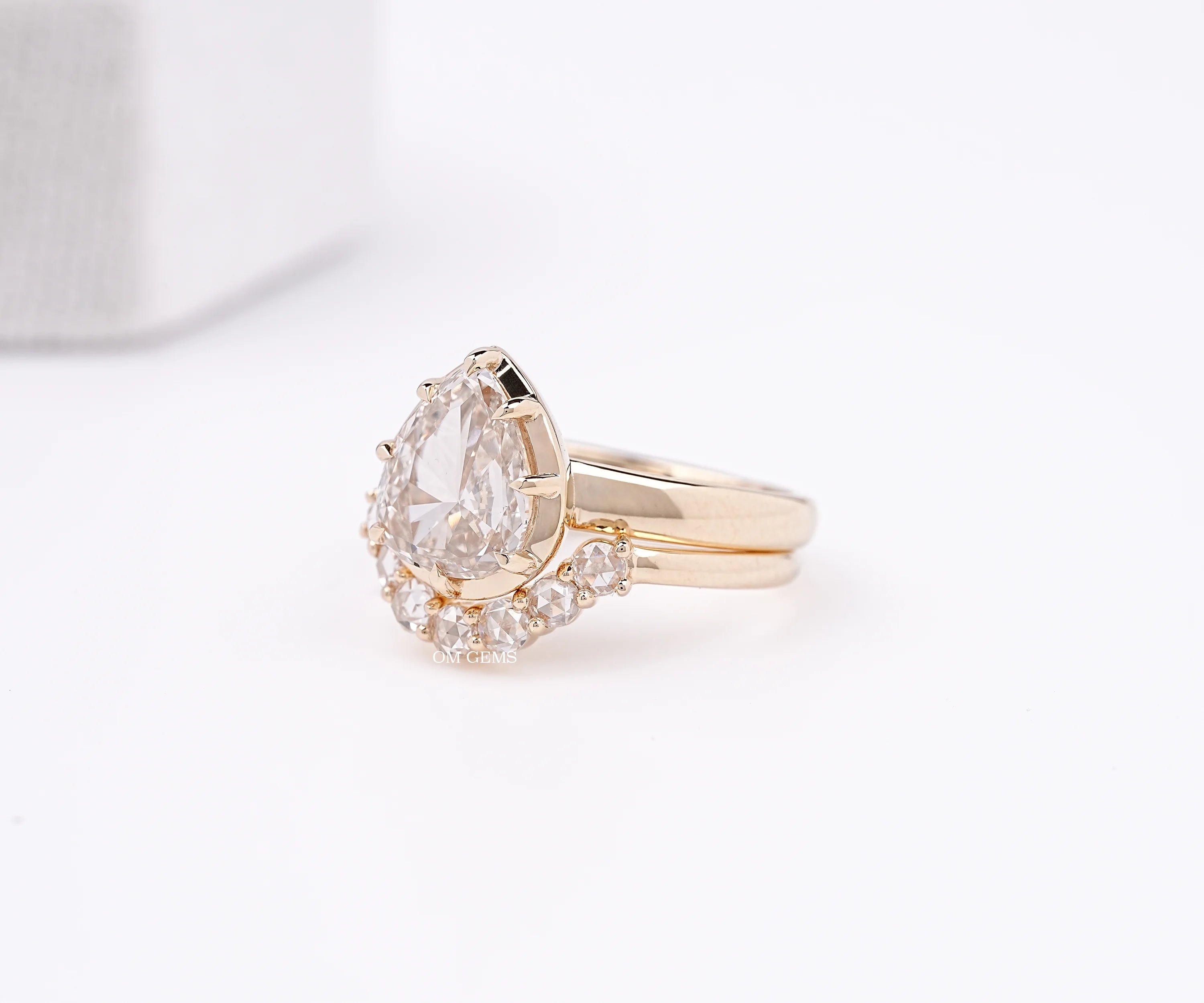 Georgian Cut Pear Champagne Diamond Bridal Ring Set
