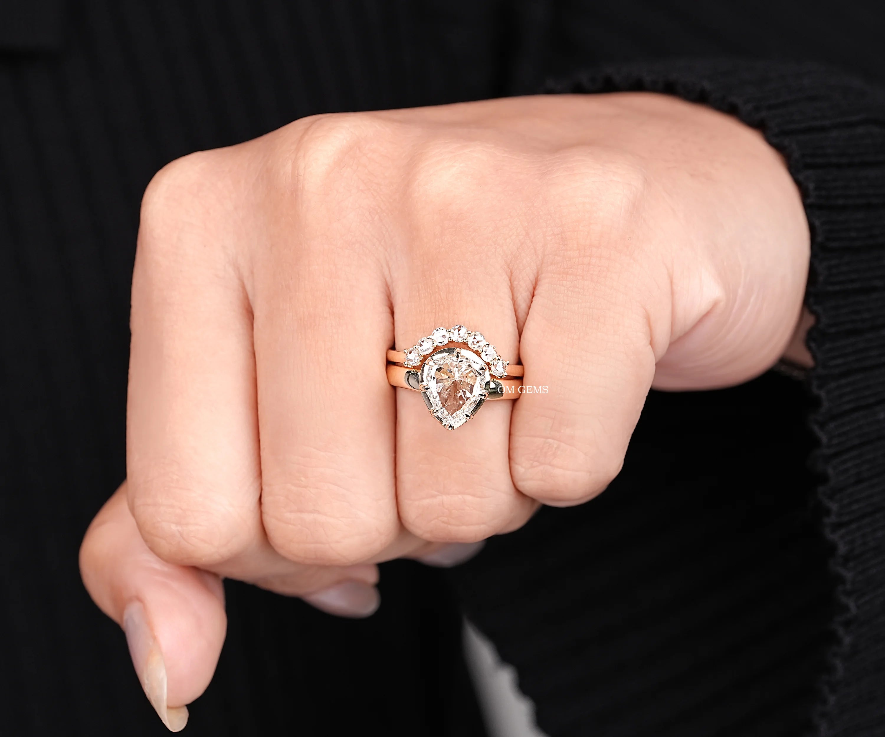 Georgian Cut Pear Champagne Diamond Bridal Ring Set