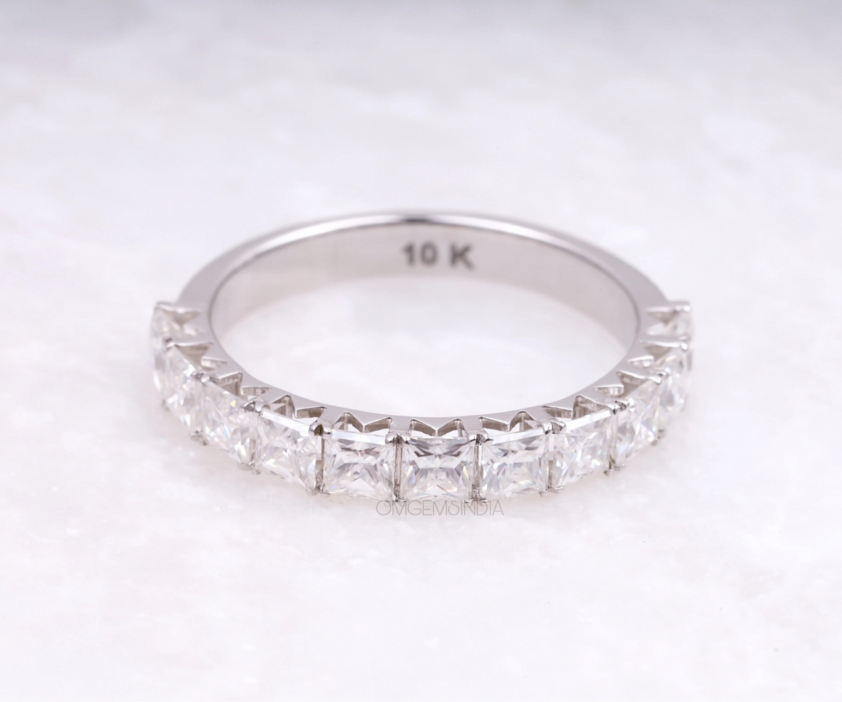 Half Eternity Princess Shape Gemstone Wedding Band