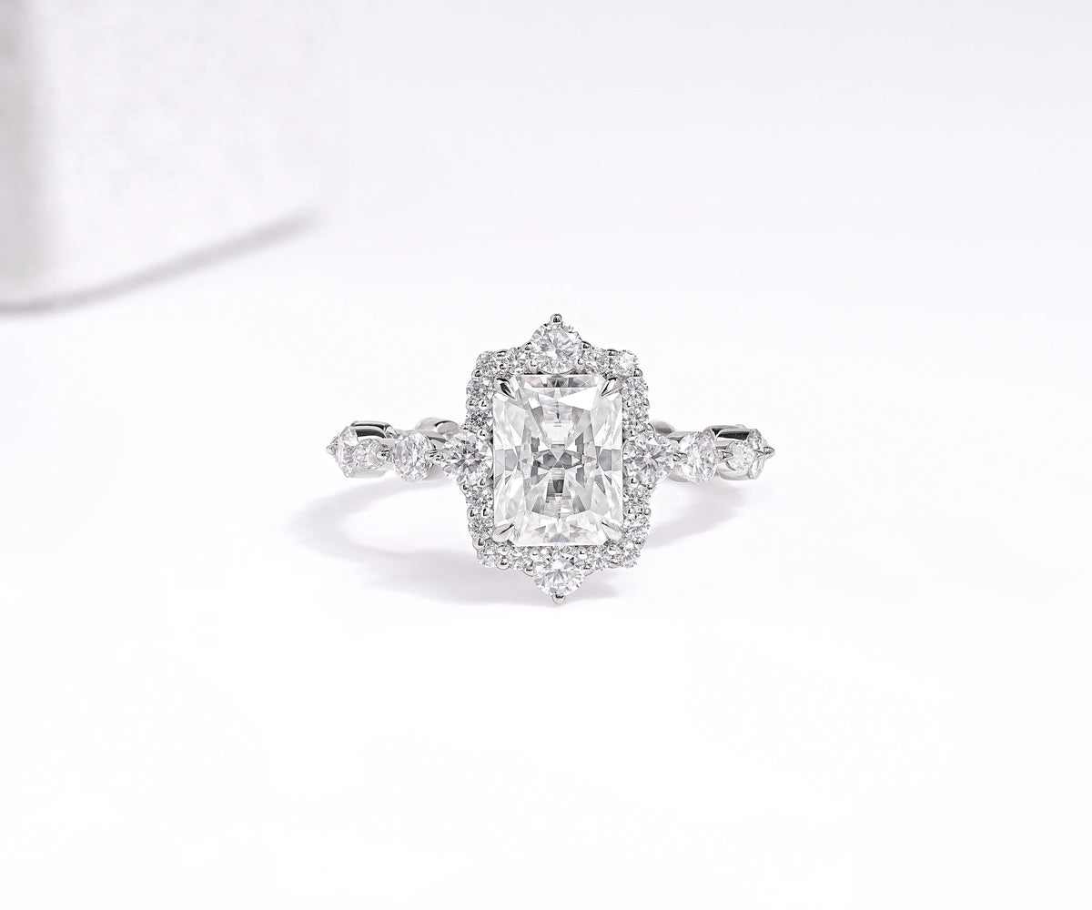 Halo Radiant Shape Side Alternate Set Accent Lab Diamond Engagement Ring