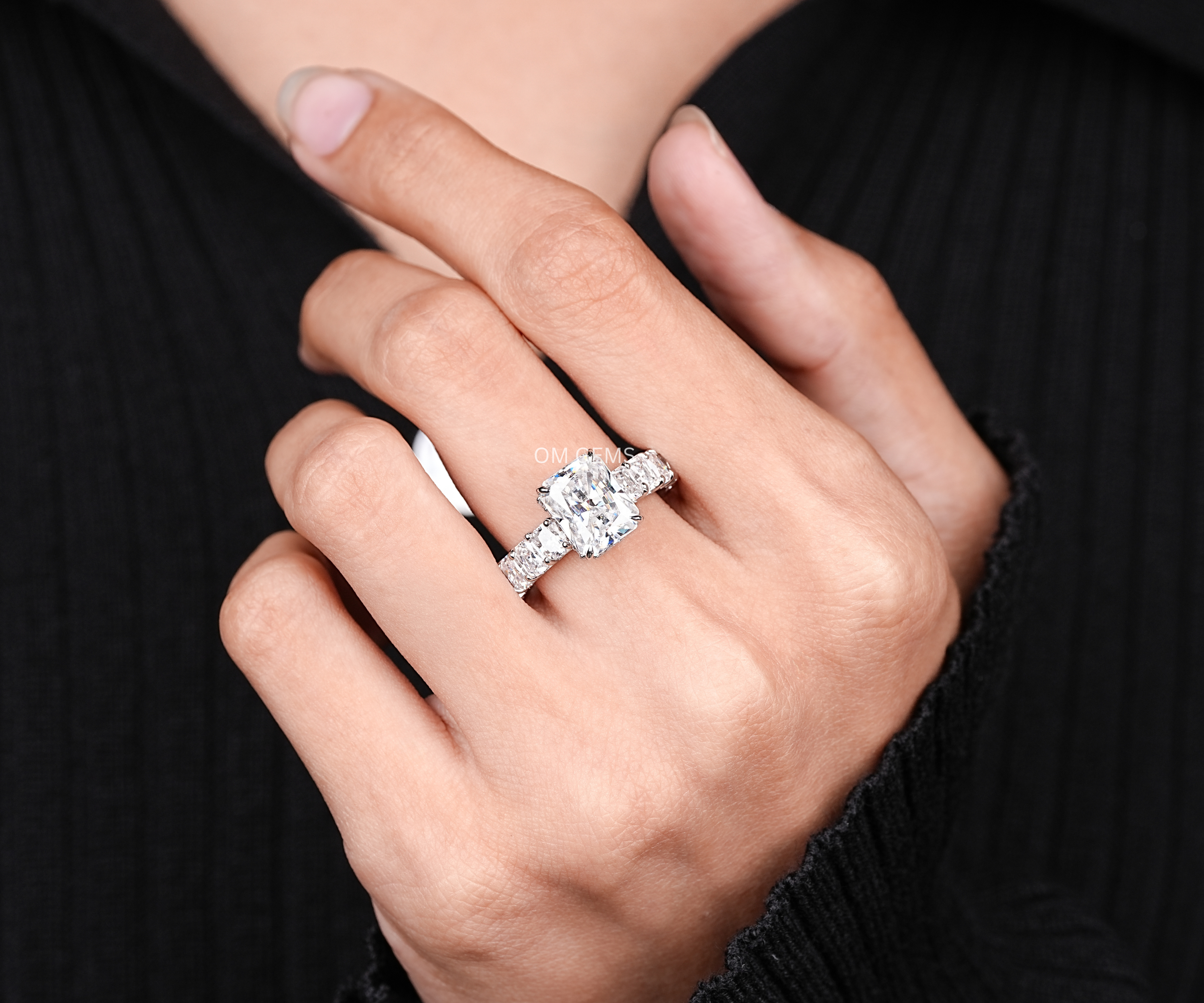 18k White Gold Lab Grown Radiant Cut Diamond Hidden Halo Engagement Ring 